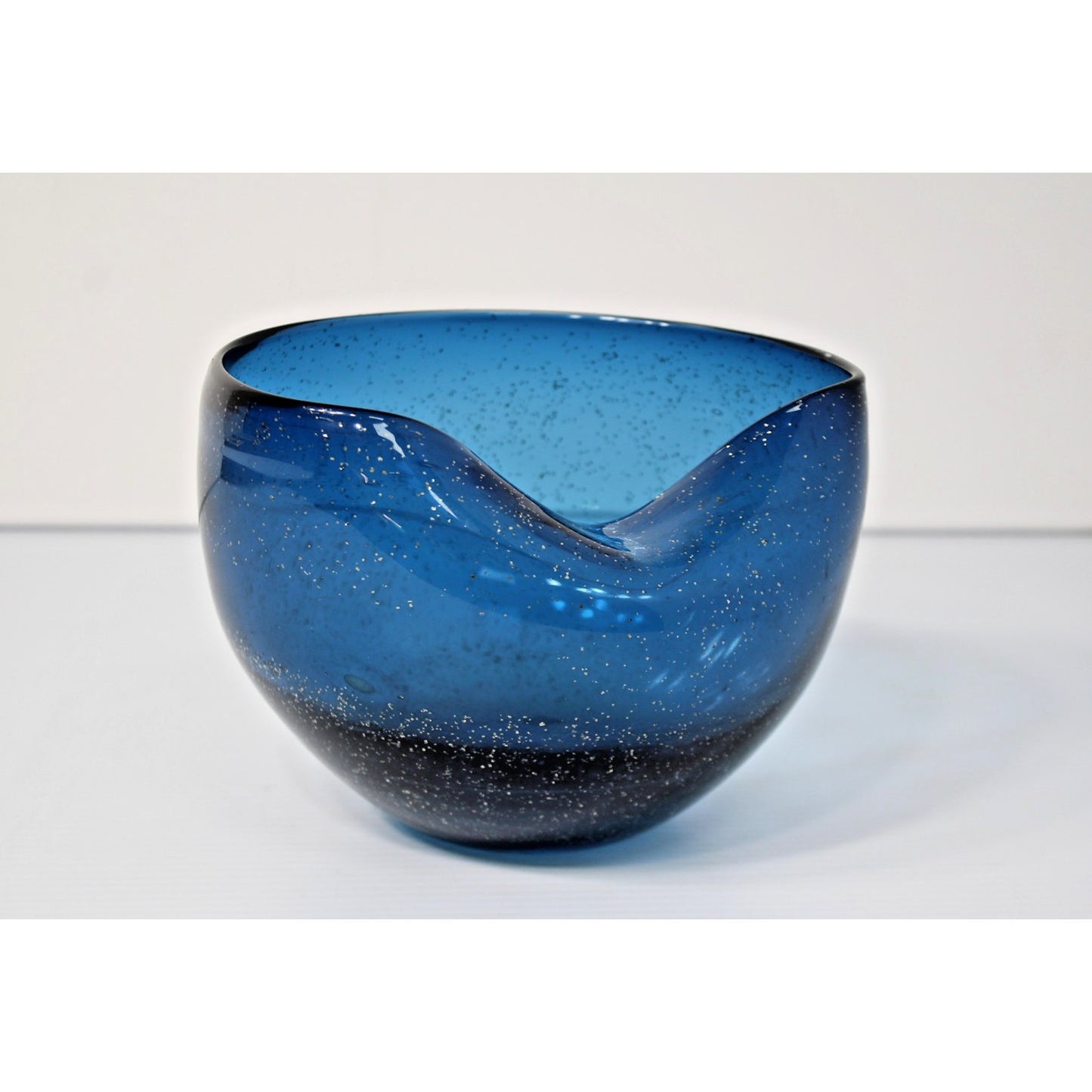 Vintage 60s Mod Blue Glass Vessel with Glitter Flake, Folded Rim Bowl- Gorgeous!