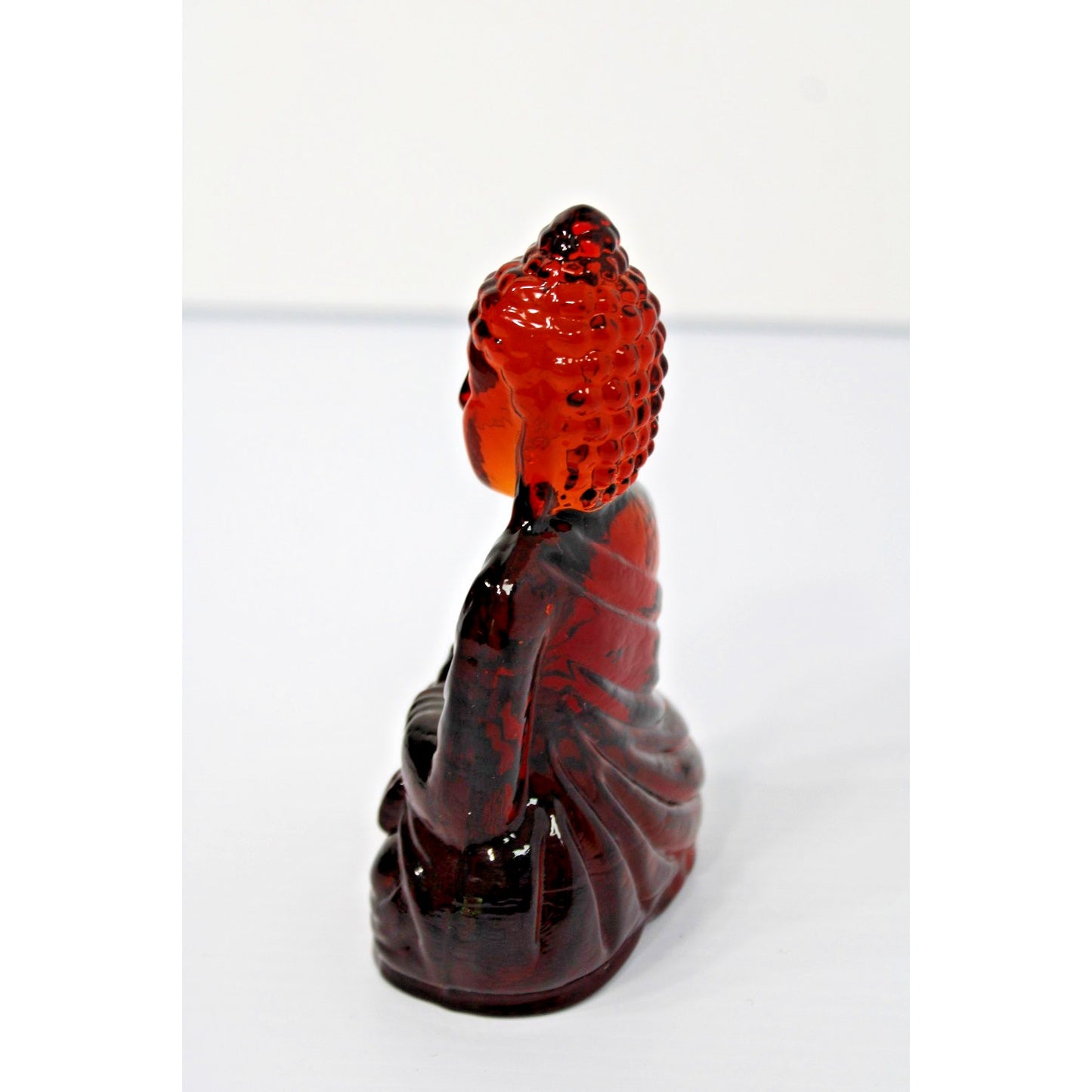 Art Glass Buddha Bodhisattva Figure, 5.5H Amber Red Amberina, Dynasty Gallery