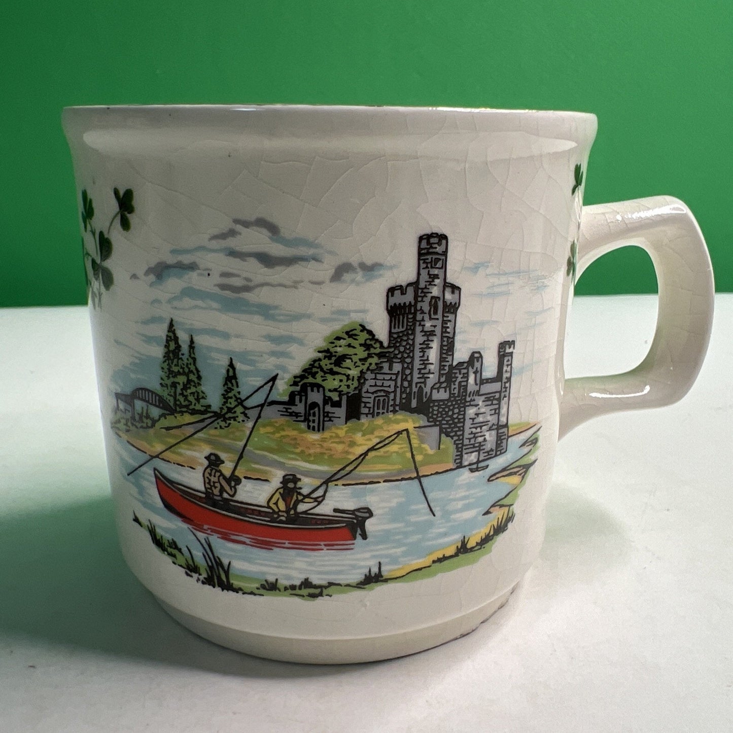 Vtg Carrigaline Pottery Irish Mug Cork Ireland Fisherman Scene Cup Crack Crazing