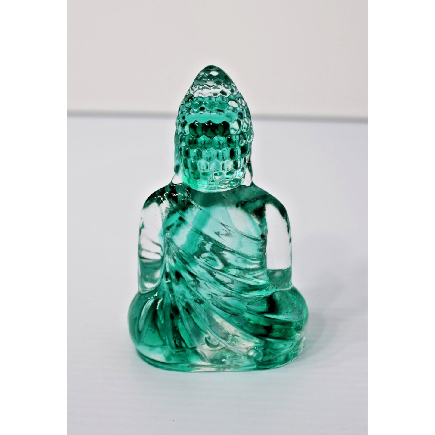 Art Glass Buddha Bodhisattva Figure, 5.5H Clear & Teal Swirl Dynasty Gallery