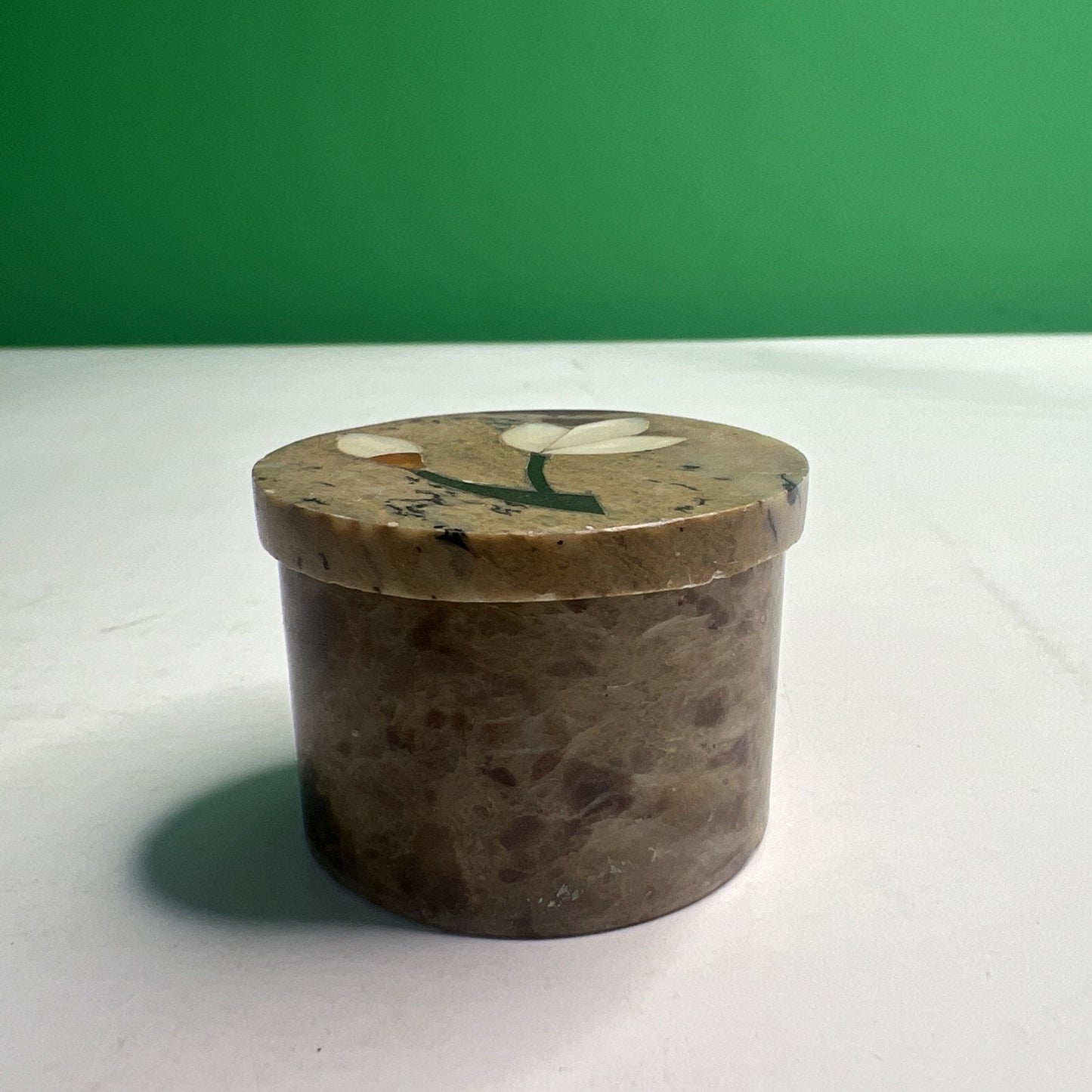 Carved Soapstone Small Inlaid Round Box Trinket Vanity Natural Stone with Lid