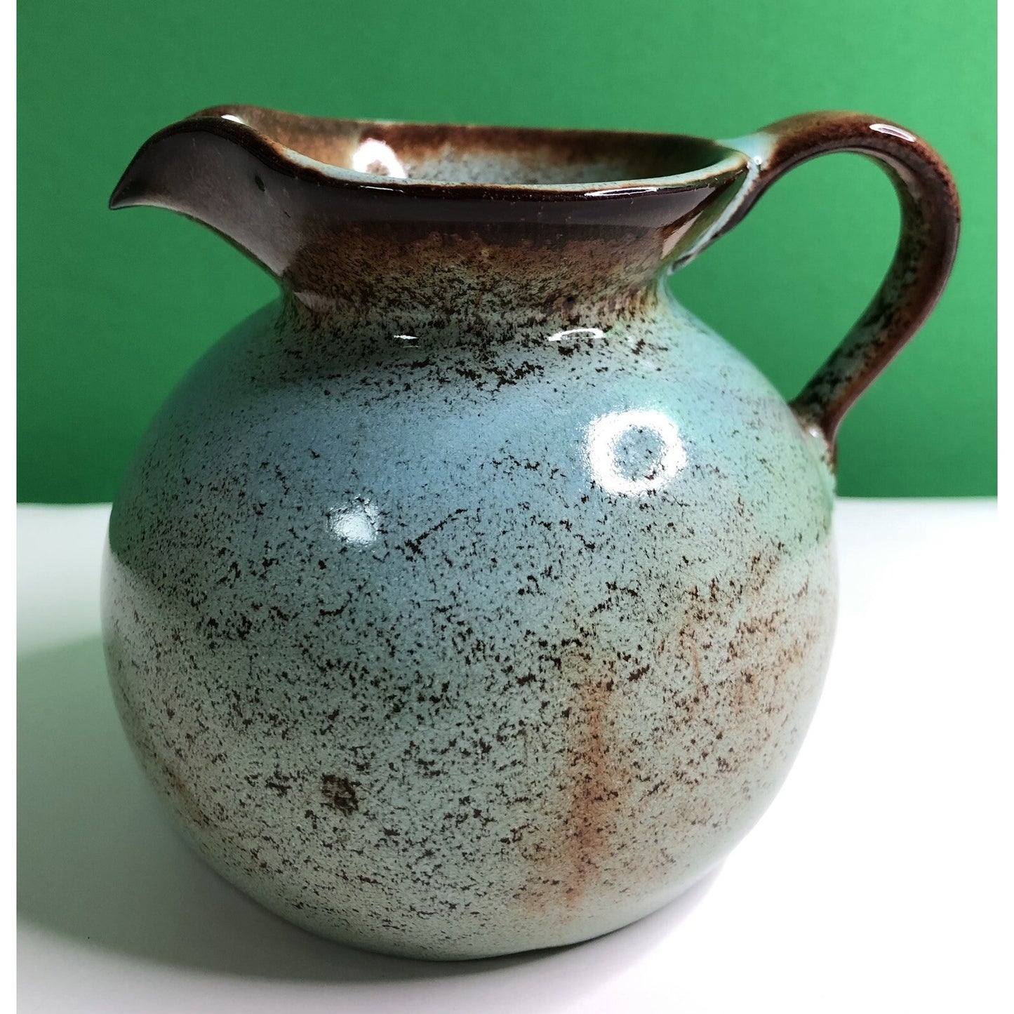 MCM Mid Century Modern NICODEMUS POTTERY CREAMER Pitcher Turquoise Brown Glaze