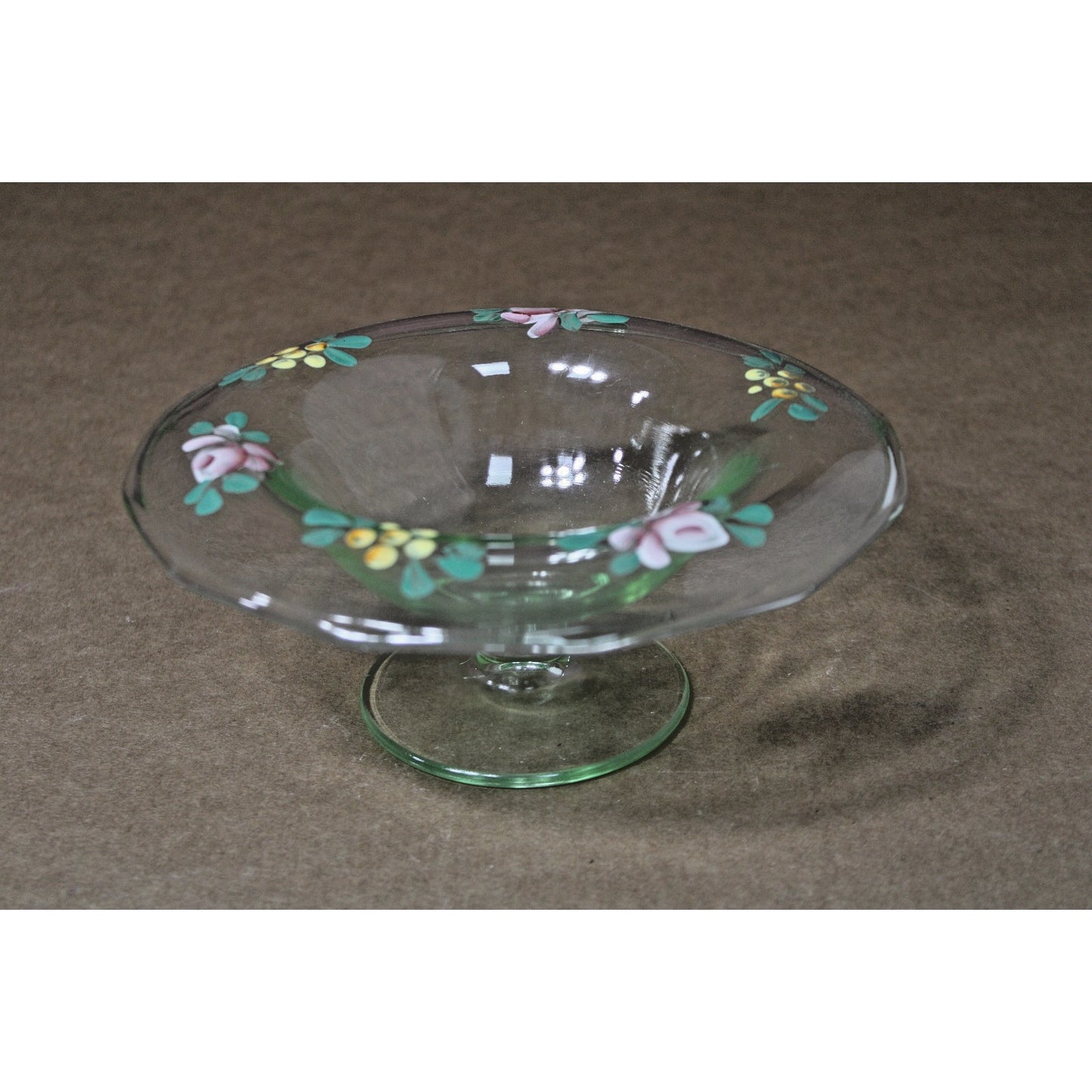 Vtg Bohemian Green Uranium Footed Compote Candy Dish Hand Painted Floral Design