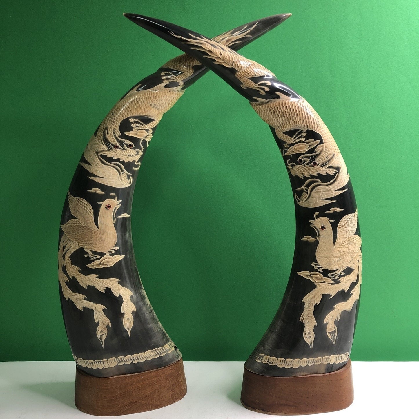 PAIR OF Large WATER BUFFALO HORNS CARVED WITH DRAGON & PHOENIX FENG SHUI