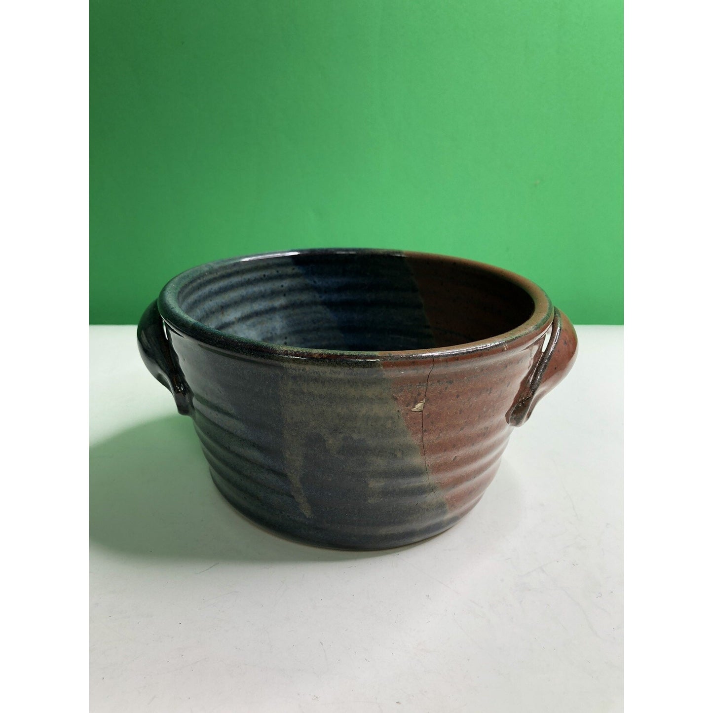 2008 Neal Pottery Bread Baker Crock Tri Color Glaze Signed Dated Flawed Florida