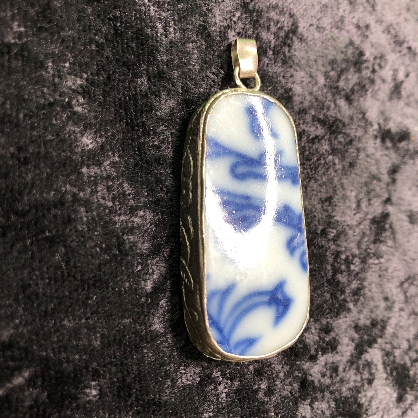 Pottery China Shard Pendant Encased In Stamped Metal Blue & White 1” Wide 2” Lon