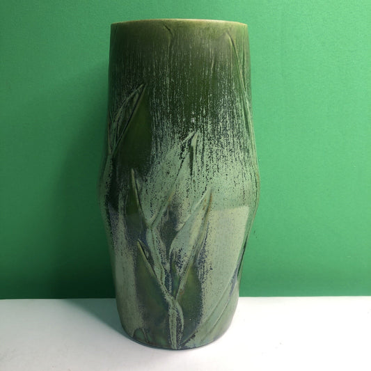 Vintage California Pottery Vase by Artist Hazel Hutchins Green Leaf/Plant Motif