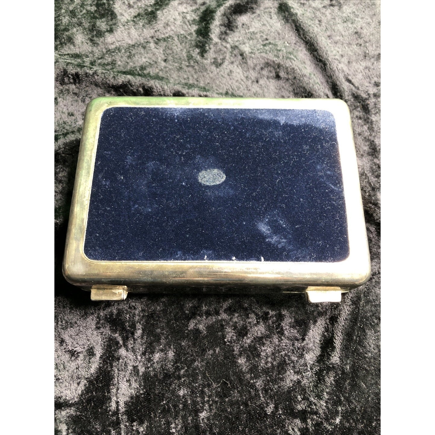 Vintage Silverplate Jewelry Box Chest Hinged Lid Blue Interior