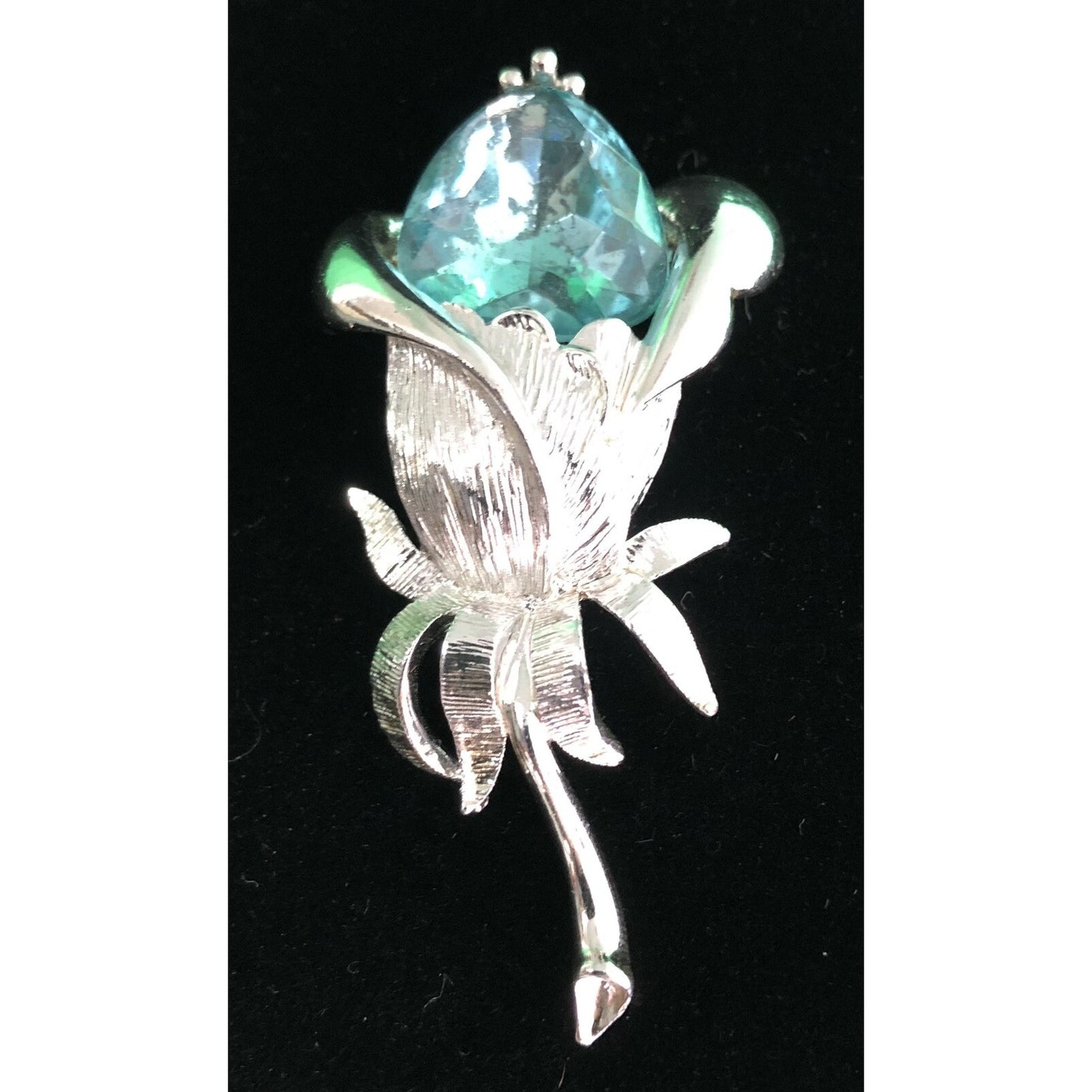 Vintage Emmons Floral w/ Blue Stone Silver Tone MCM Brooch Flower