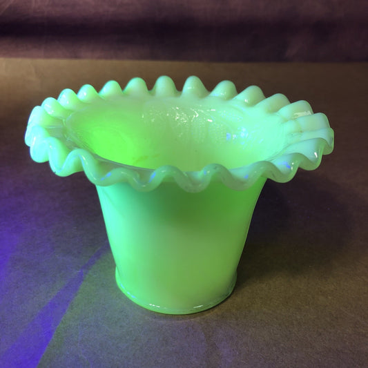 Vintage Uranium Custard Glass Vase 3.5” Tall Ruffle Top Grape Leaf Design Glows