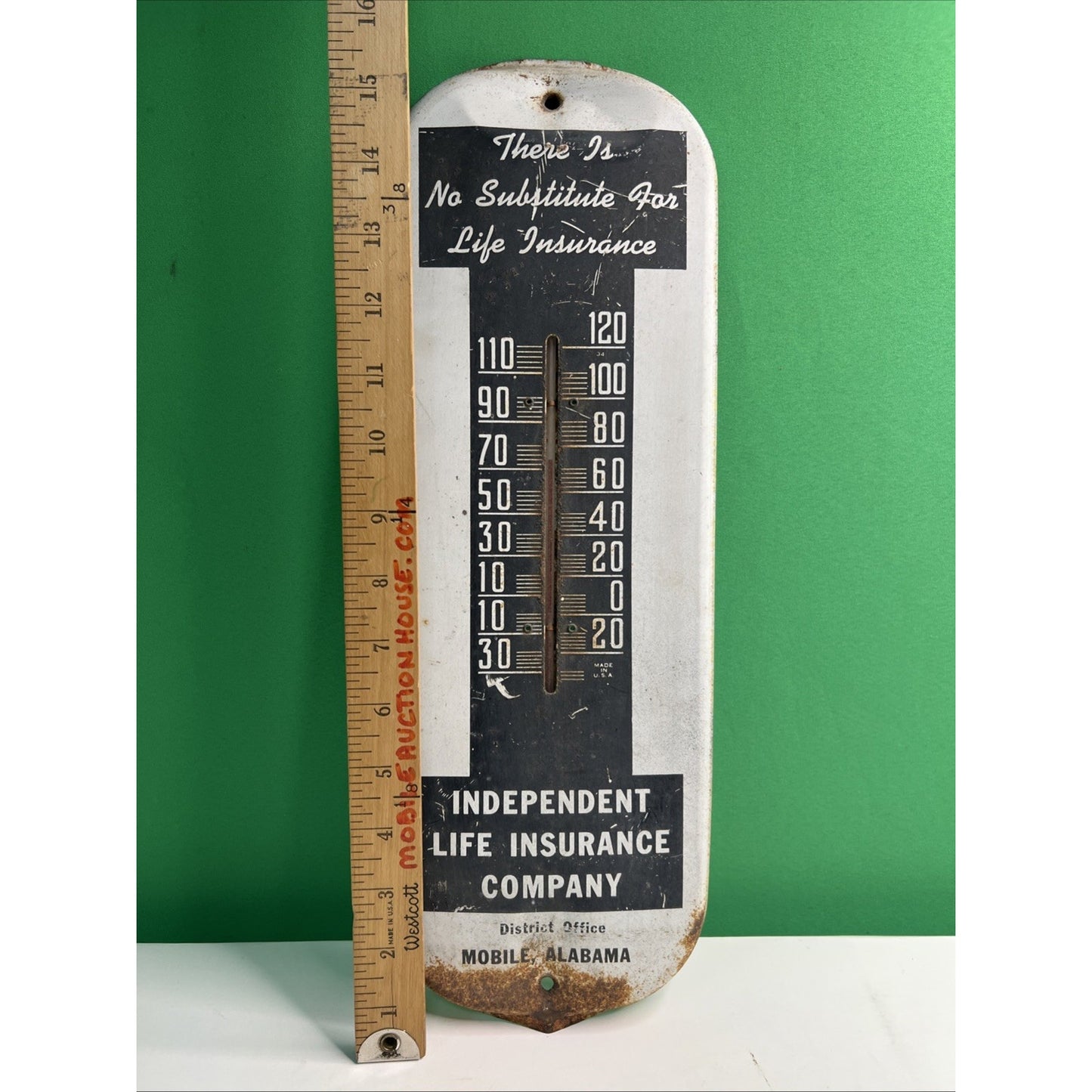 Vtg MOBILE ALABAMA Independent Life Insurance Co Thermometer Sign Advertising
