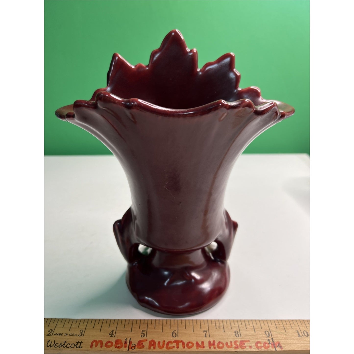 Vintage 1940's Burgundy Maroon Camark Suspended Leaf Design Vase #807 9” Tall
