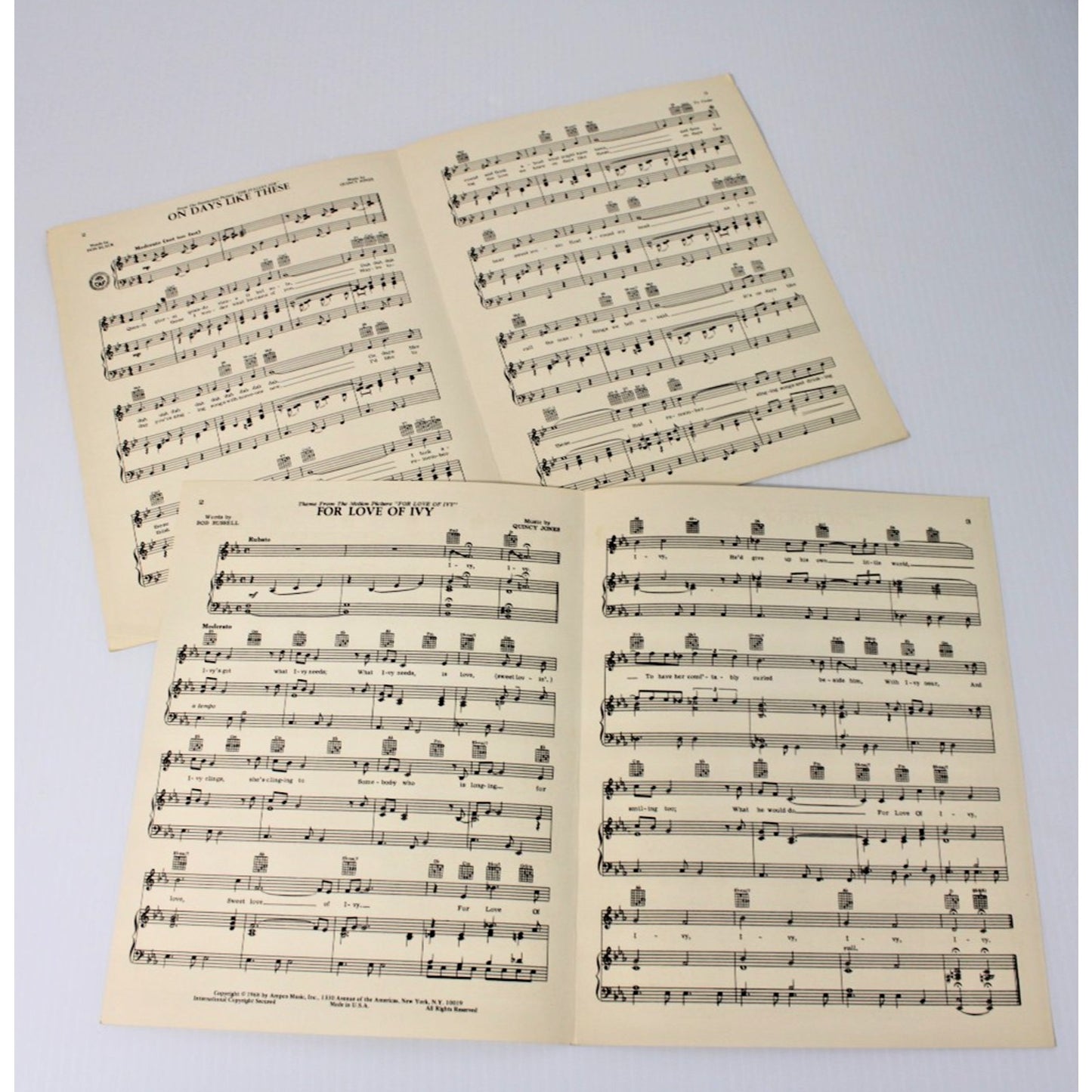 1968-69 Sheet Music- For Love Of Ivy & On Days Like These- Quincy Jones, RARE!!