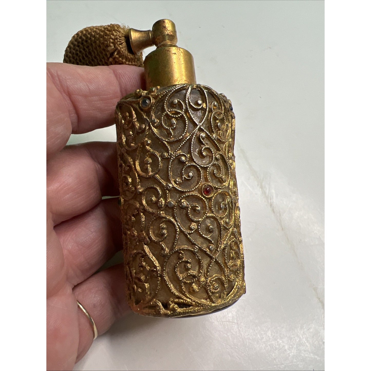 Vintage Gold Tone Perfume Bottle Filigree Ormolu Rhinestones Damaged Atomizer