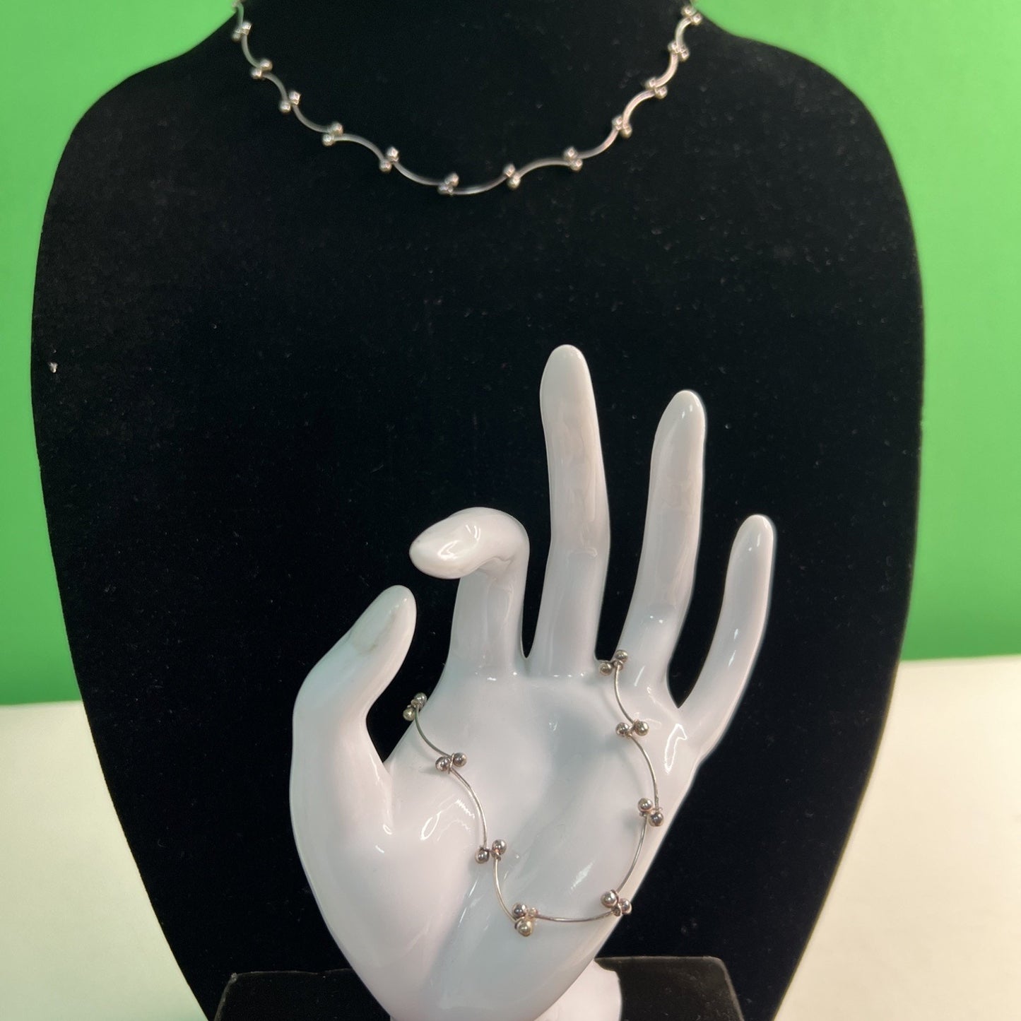 Vintage Sterling Silver Links & Spheres Chain Necklace 16”+2” AND Bracelet 8”