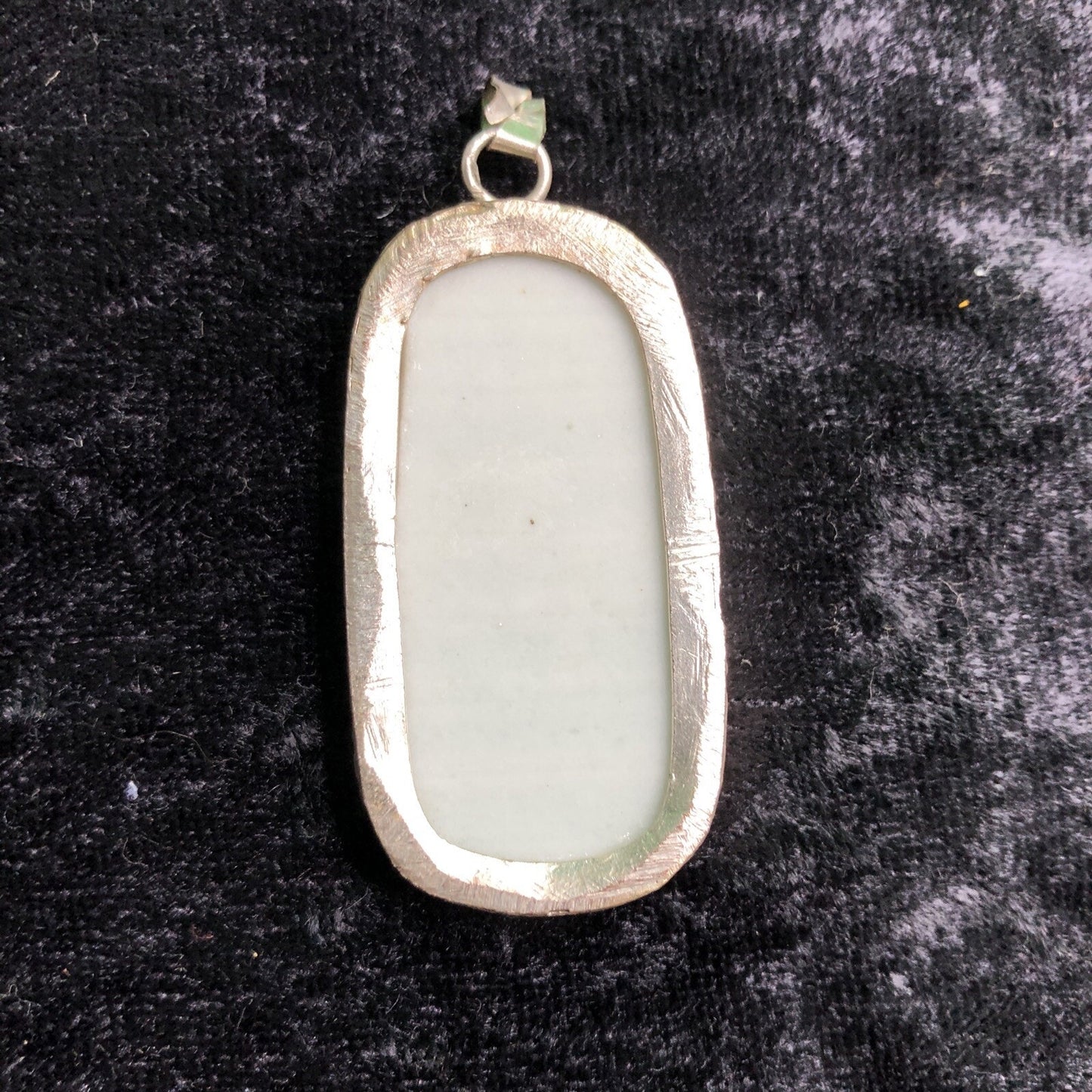 Pottery China Shard Pendant Encased In Stamped Metal Blue & White 1” Wide 2” Lon