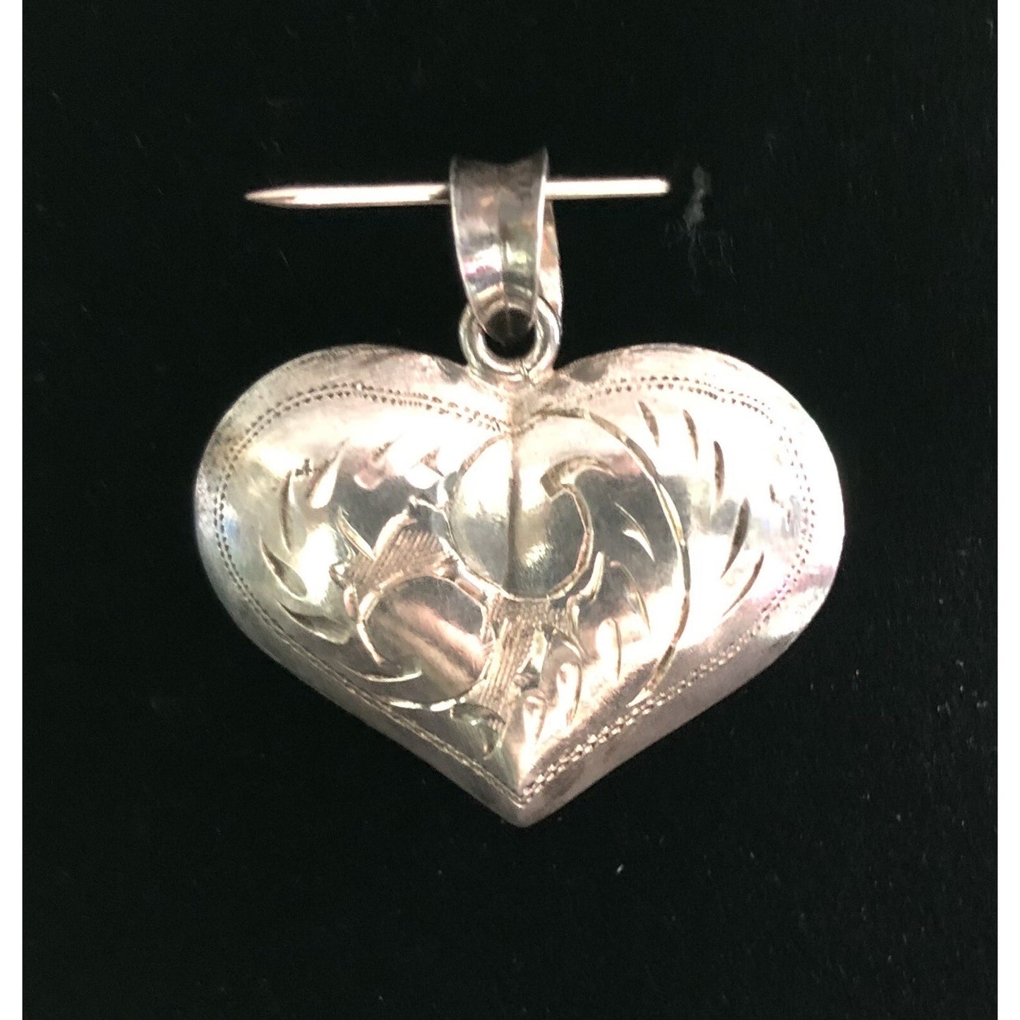 Vintage Sterling Silver Etched Puffed Heart Pendant Romance Exquisite Detail