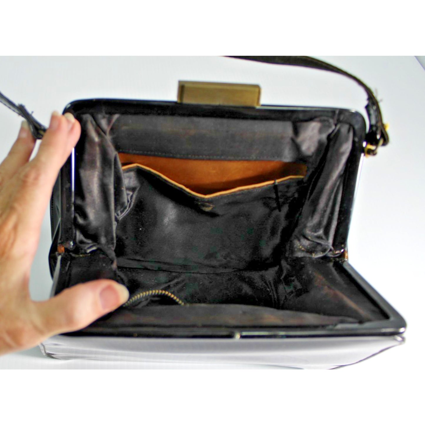 Vintage 1950s 1960s Black Patent Structured Frame Handbag Gold Bar Clasp MCM