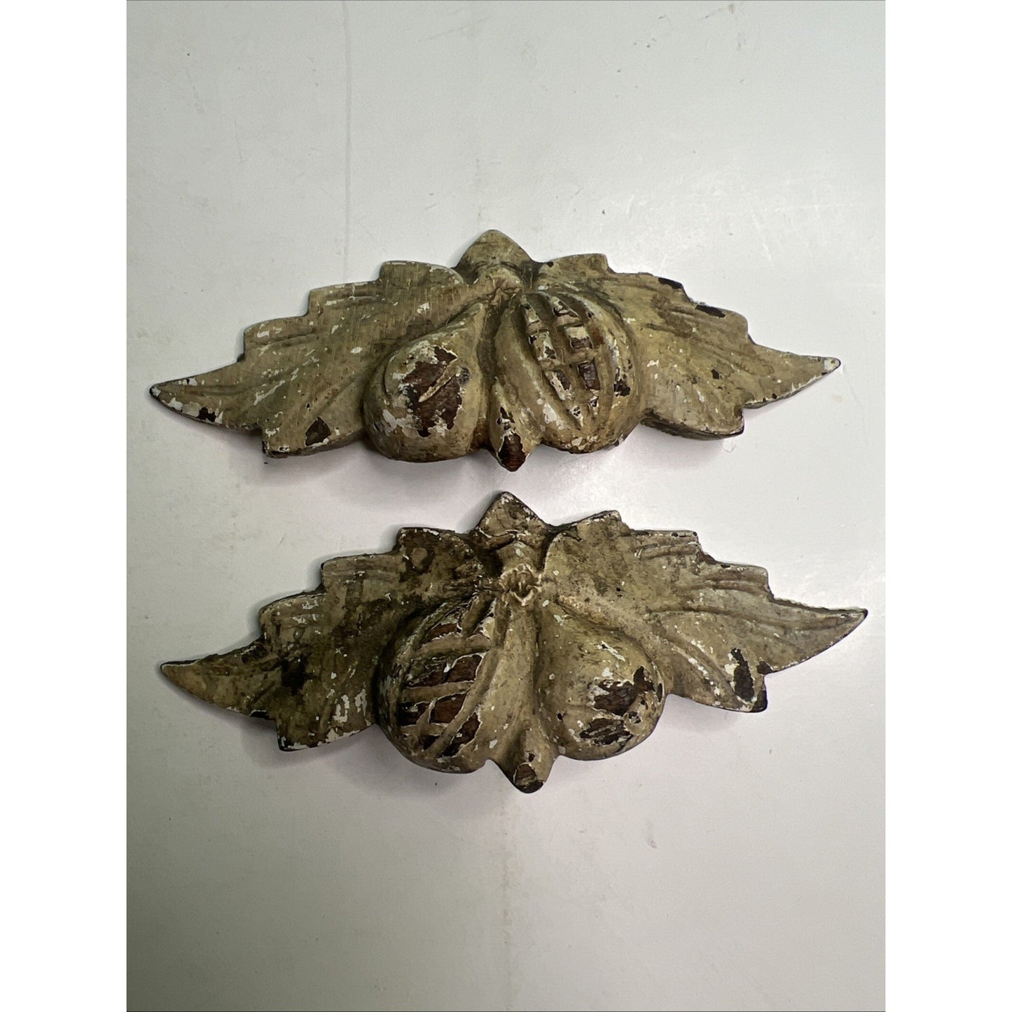 Lot Of 2 Antique Victorian Wood Carved Leaf And Fruit Drawer Pulls