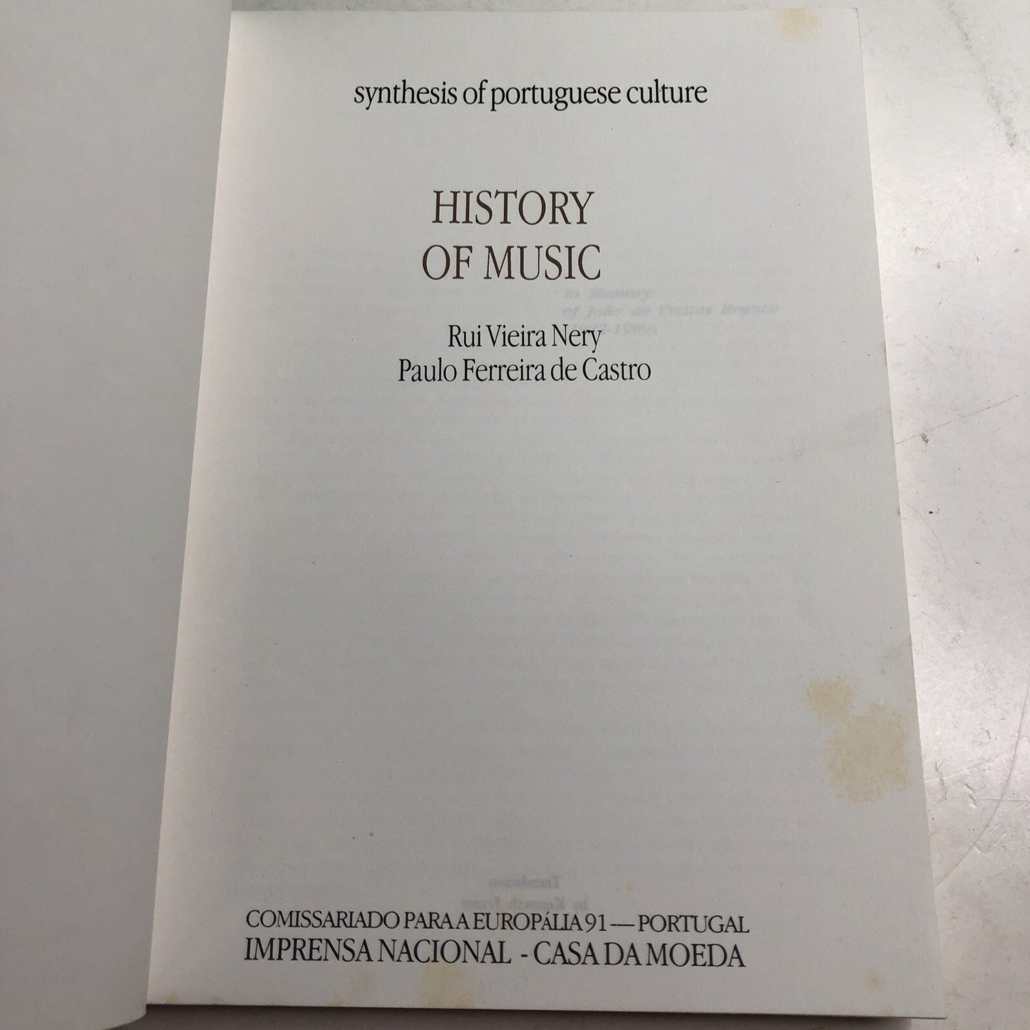 Synthesis of Portuguese Culture HISTORY OF MUSIC by Nery & Castro 1991 PB