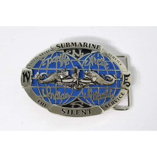 Vintage USN/US NAVY Belt Buckle SUBMARINE Silent Service, Western Pewter Enamel