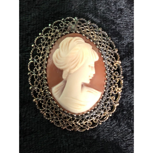 Vintage Gold Over Sterling Karen Lynne KL Filigree Shell Cameo Pendant Brooch