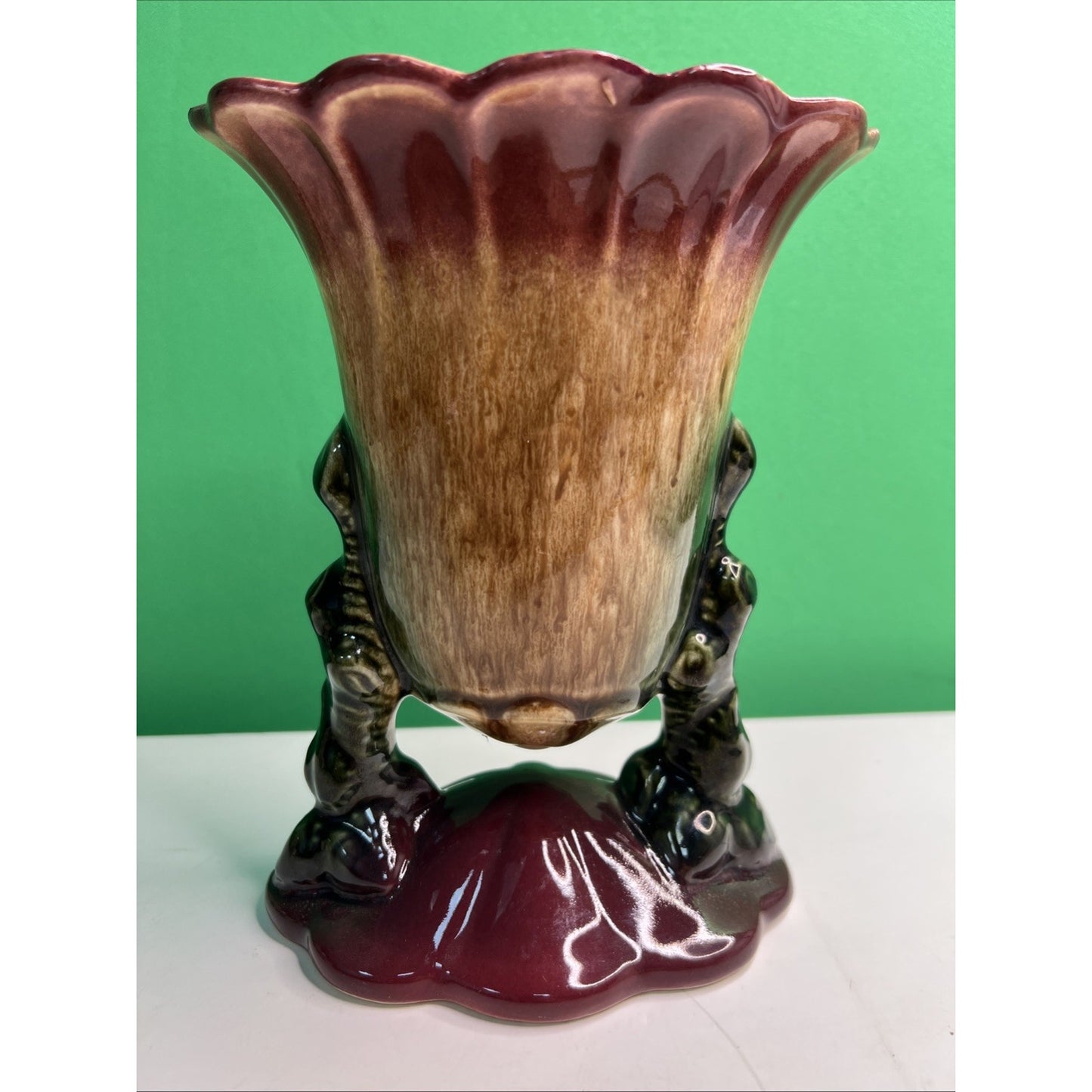 Vintage Hull USA Woodland Double Footed Suspended Vase Burgundy Brown 8"
