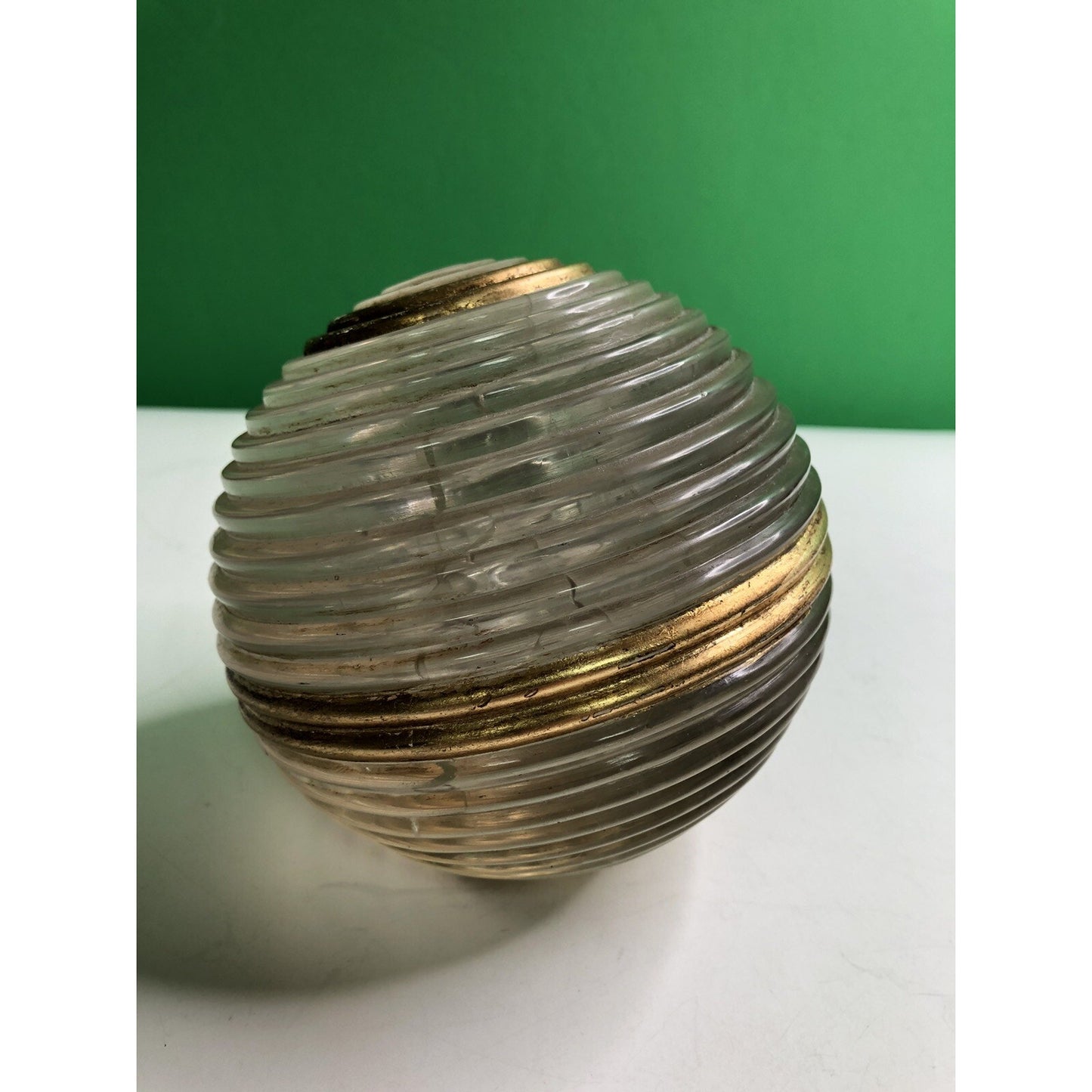 Vintage SOLID GLASS SPHERE Ball Ribbed Gilt MCM Unique Interesting RARE LARGE