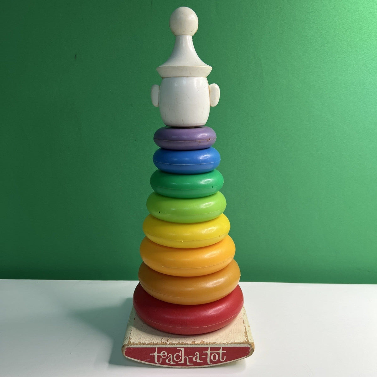 1960's a "Teach-A-Tot" Toy Wood Rocking Rainbow Stacking Plastic Donuts Clown