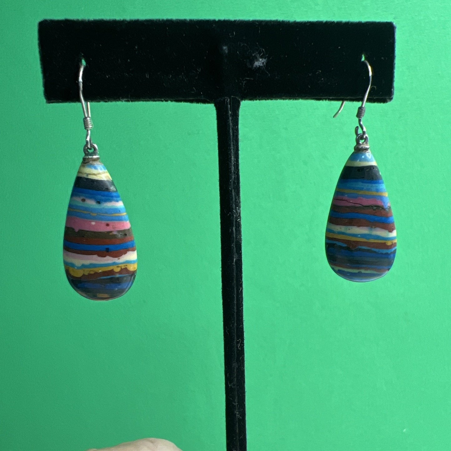 Vintage Rainbow Calsilica Teardrop Shaped Dangle Pierced Earrings Bohemian