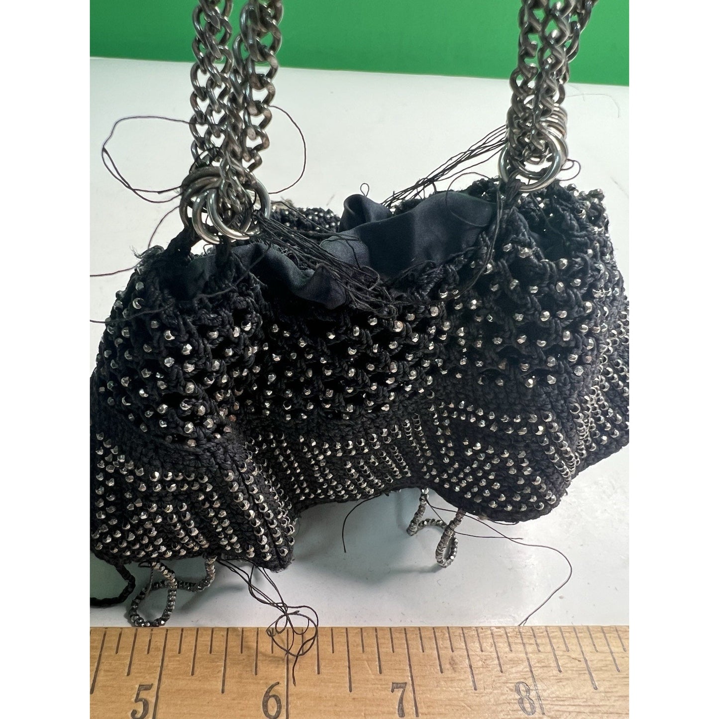Antique Black & Silver Steel Bead Fringe Flapper Purse Greek Key NEEDS REPAIR