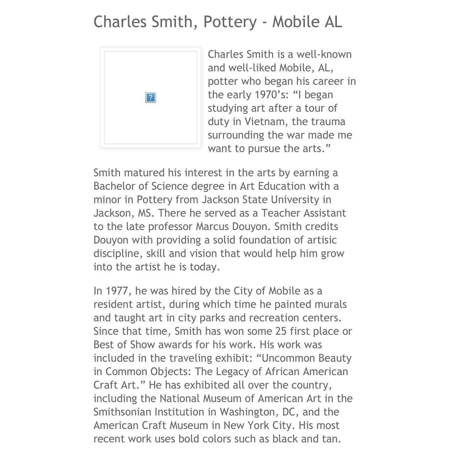 1988 CHARLES SMITH Art Pottery Vase Planter African American- Mobile, Alabama