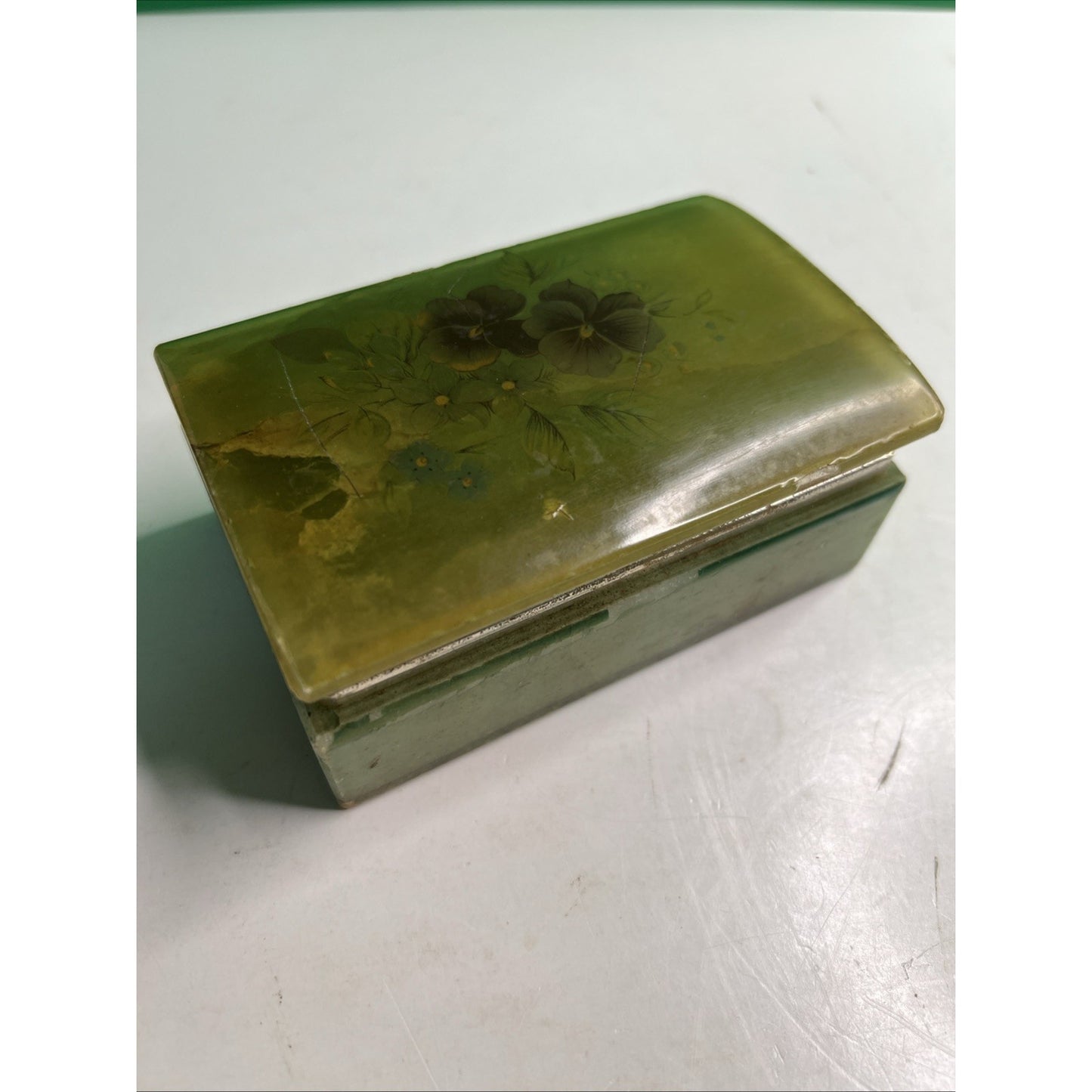Vintage Italian Alabaster Marble Jewelry Trinket Box Pansies As Pictured
