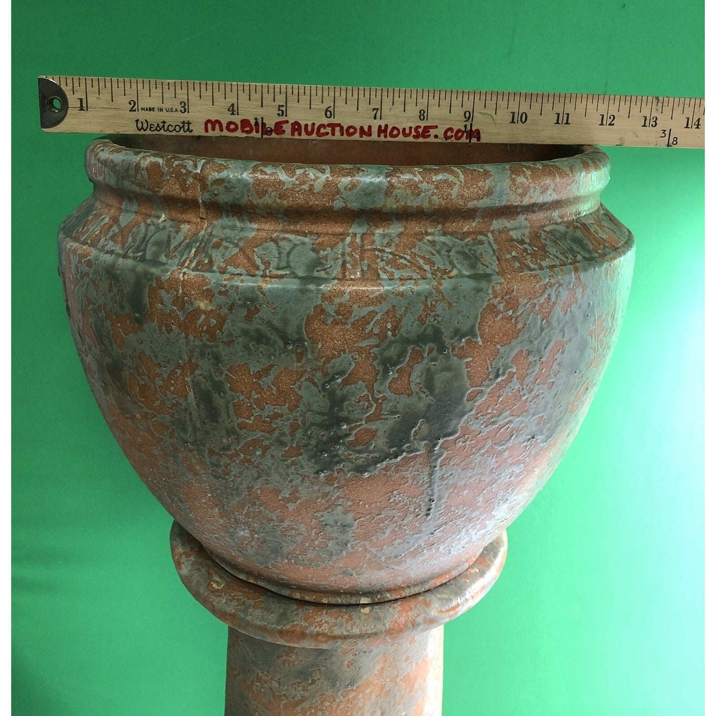 Vintage Burley Winter Large Jardiniere With Pedestal Mottled Orange & Green
