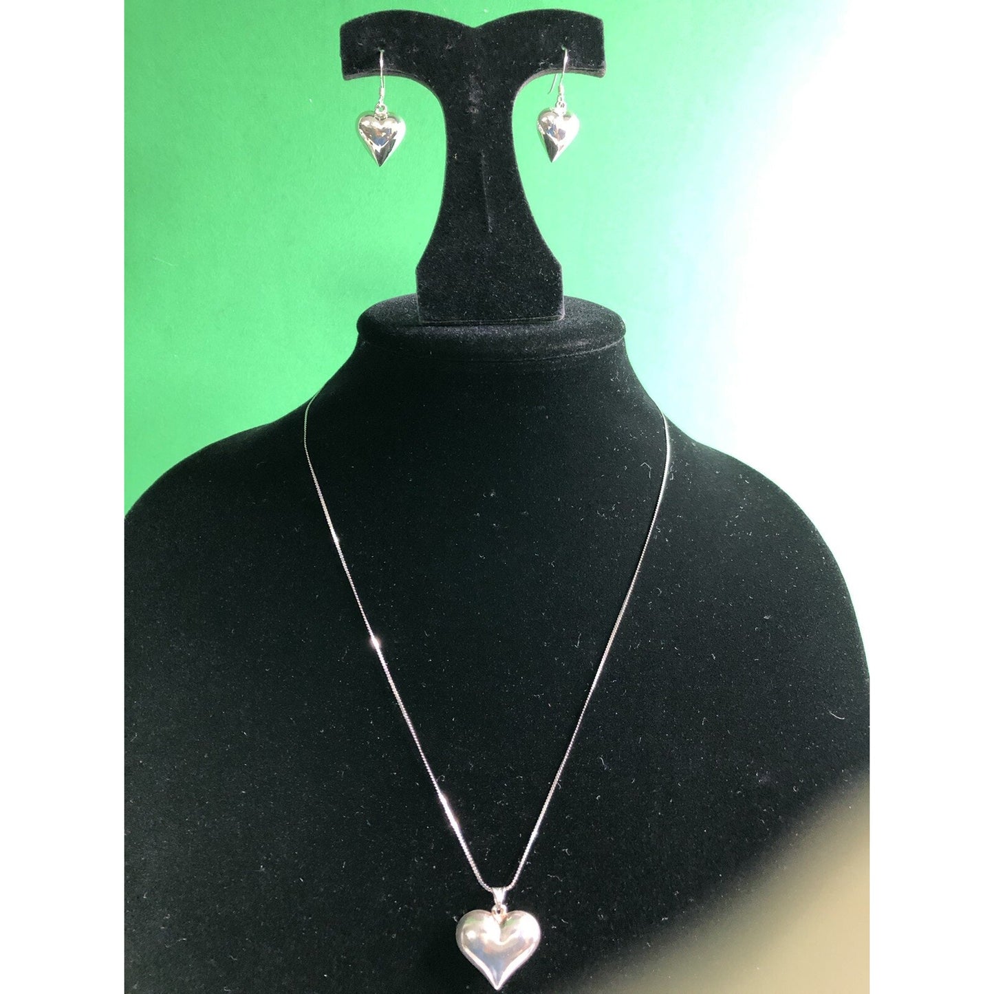 Vintage Set Sterling Silver Serpentine NECKLACE Puffed Heart PENDANT & EARRINGS