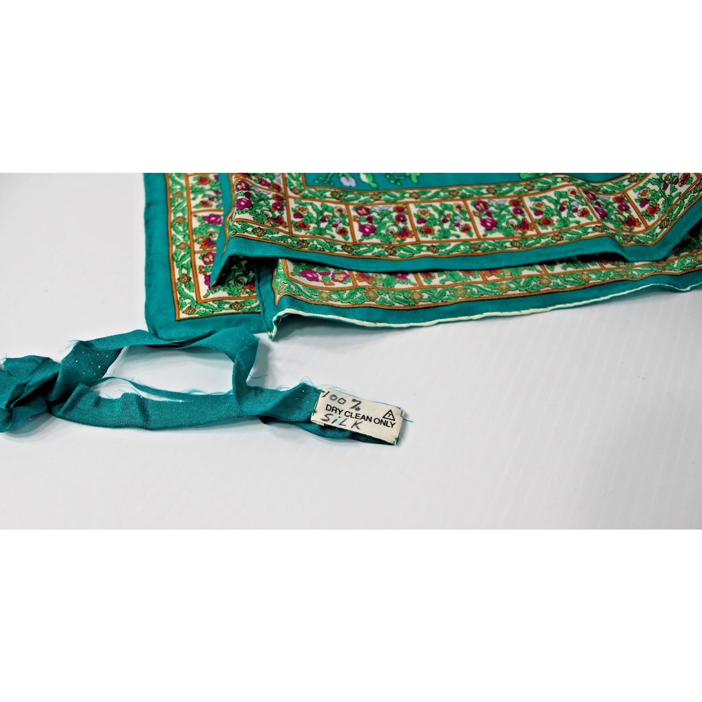 Vintage 100% Silk 35" Large Square Scarf/ Wrap, Teal Green Floral Sézane, Paris