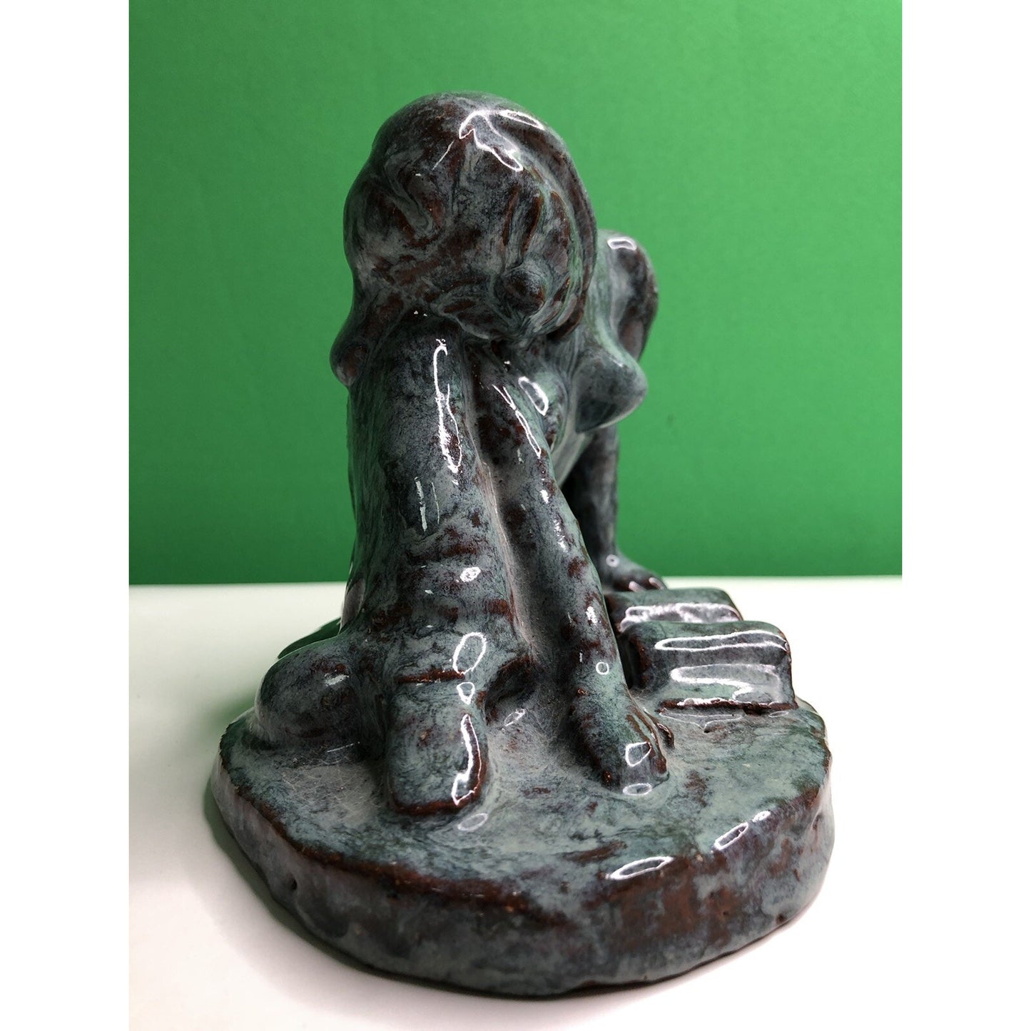 Vintage Blue Glazed Partial Nude Reading Book By Dennell Clay Figurine OOAK