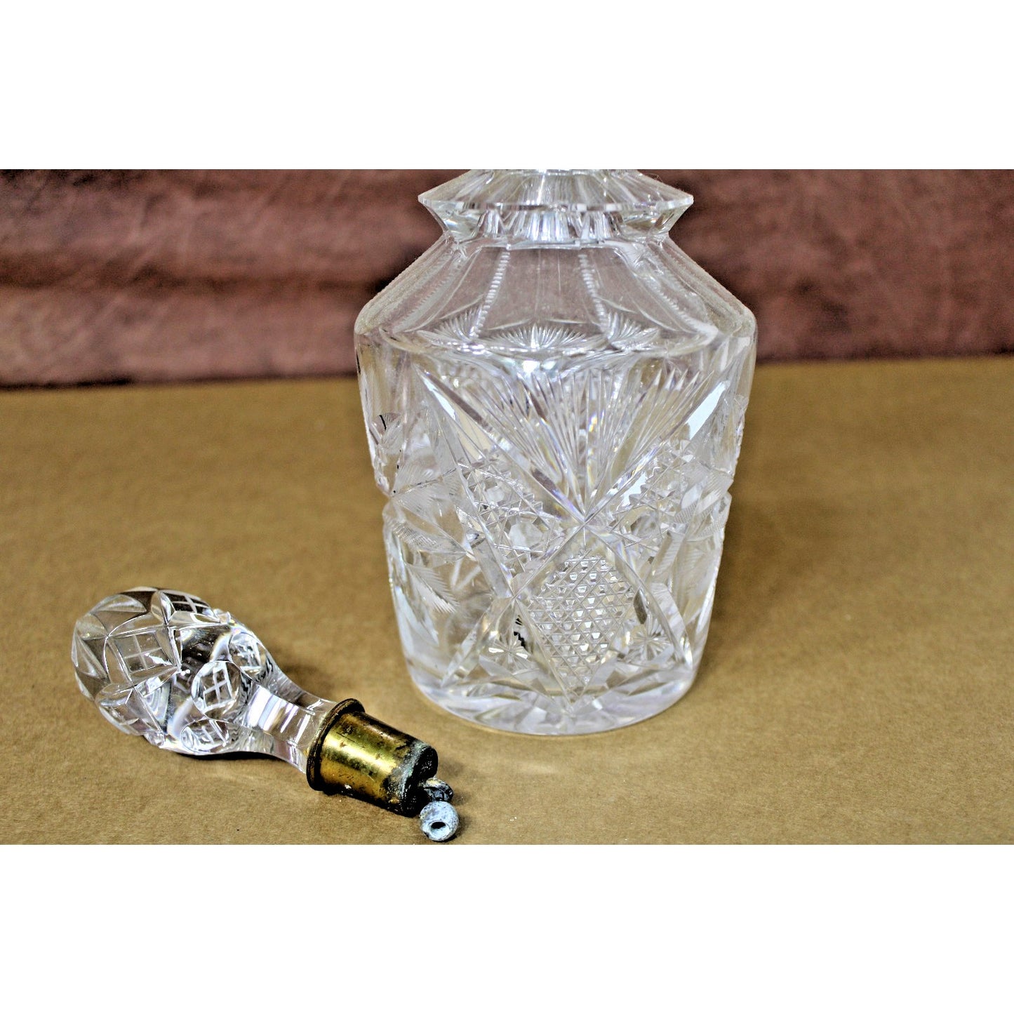 Vintage Lead Crystal Decanter Starburst Etched 12.5” H With Brass Bell Stopper