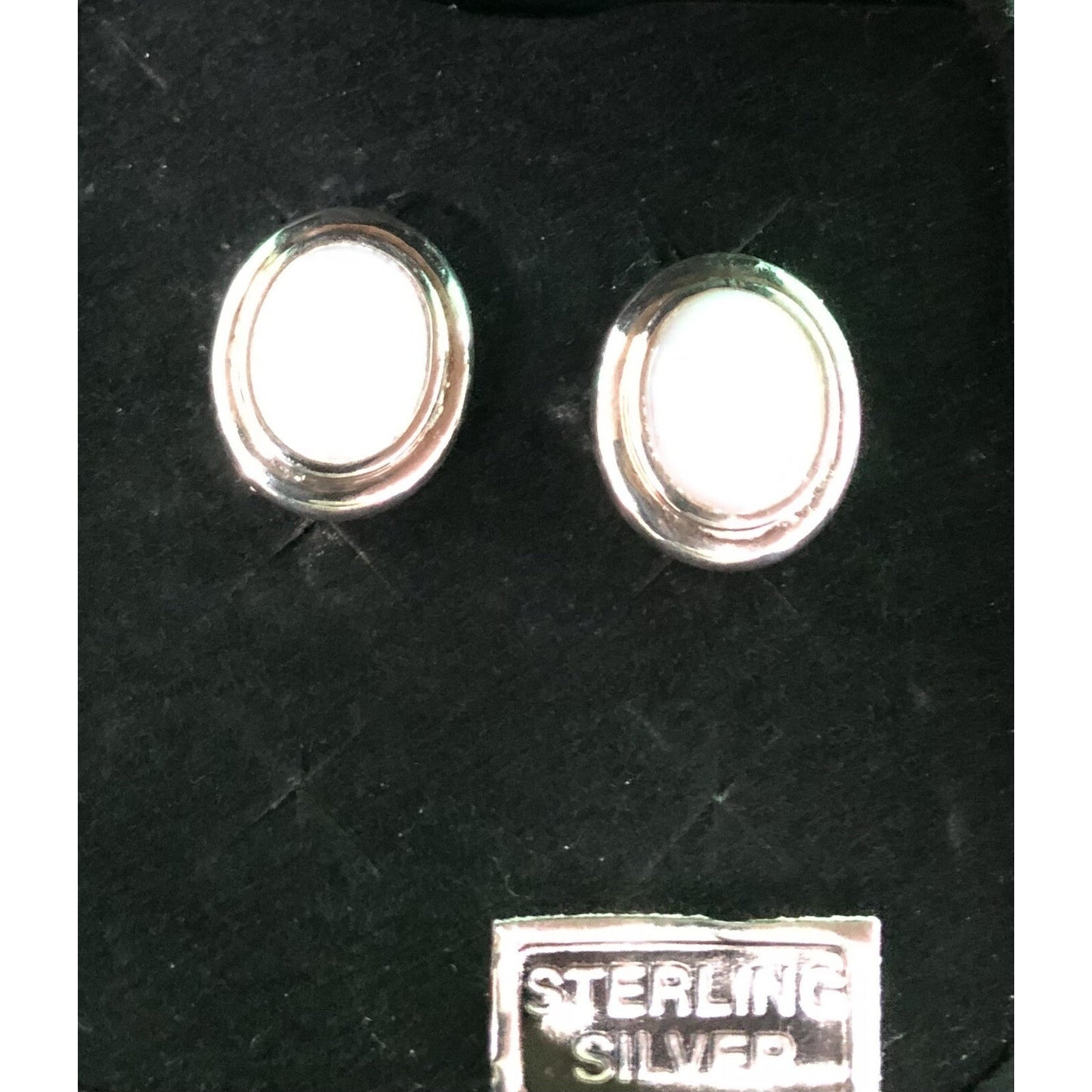 Vintage Sterling Silver Oval White Cabochon Stone Post Earrings Gift Box