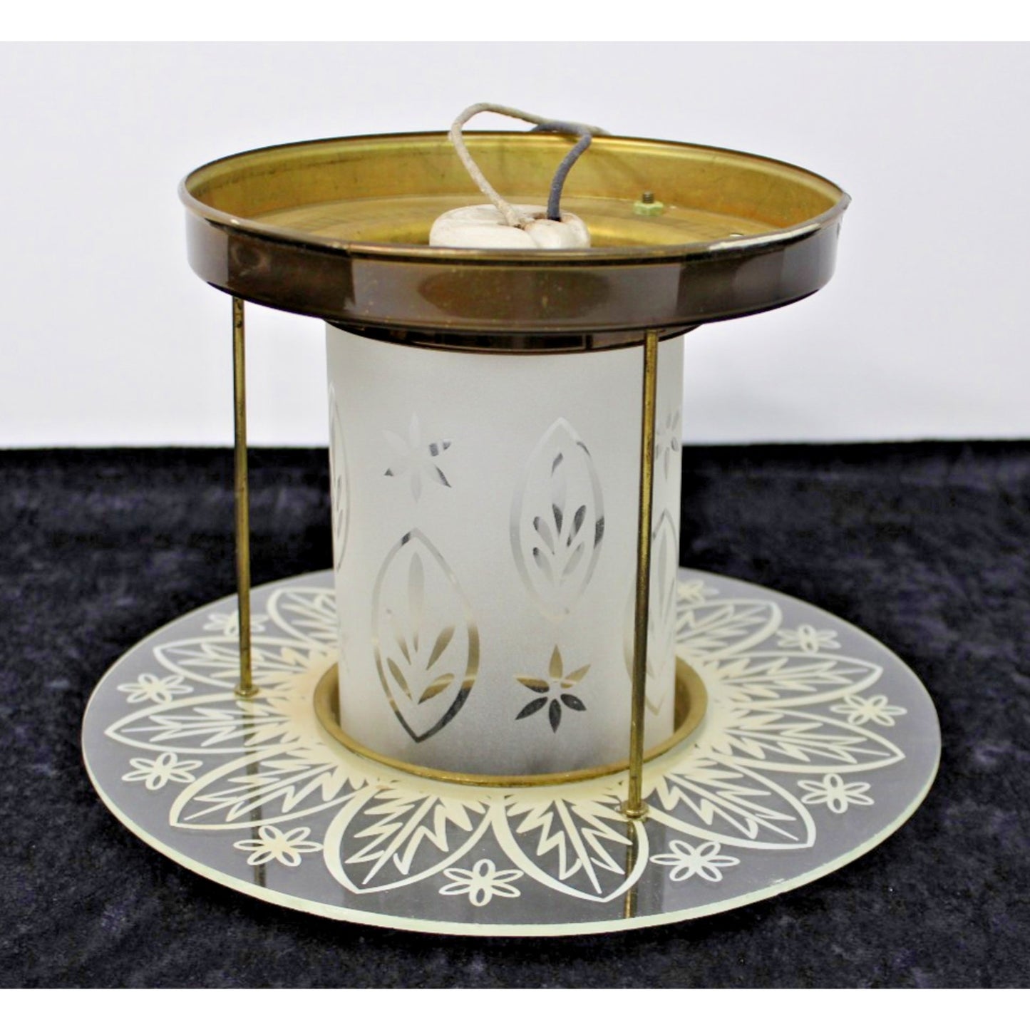 Vintage MCM John C. Virden Brass & Etched Glass Flush-Mount Wired Light Fixture