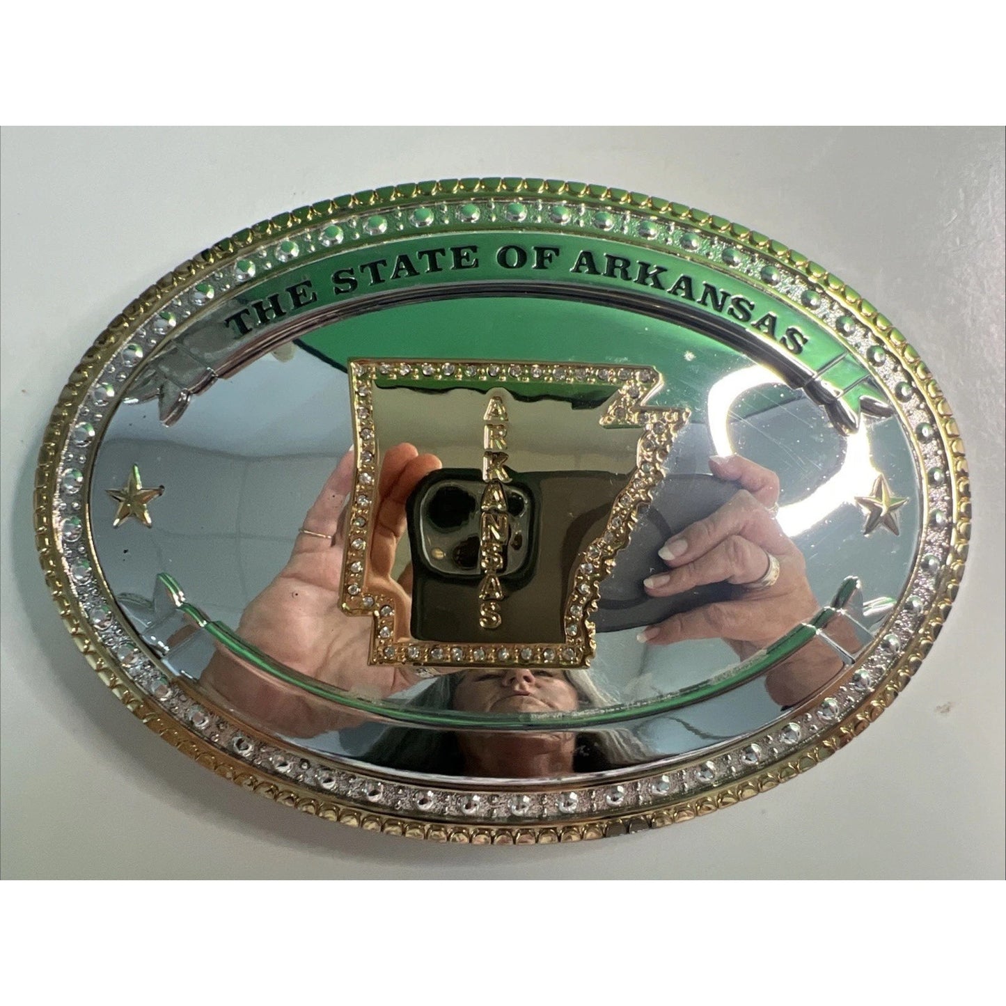 State of Arkansas Silver/Gold Tone Belt Buckle With Rhinestones Large 6” Wide