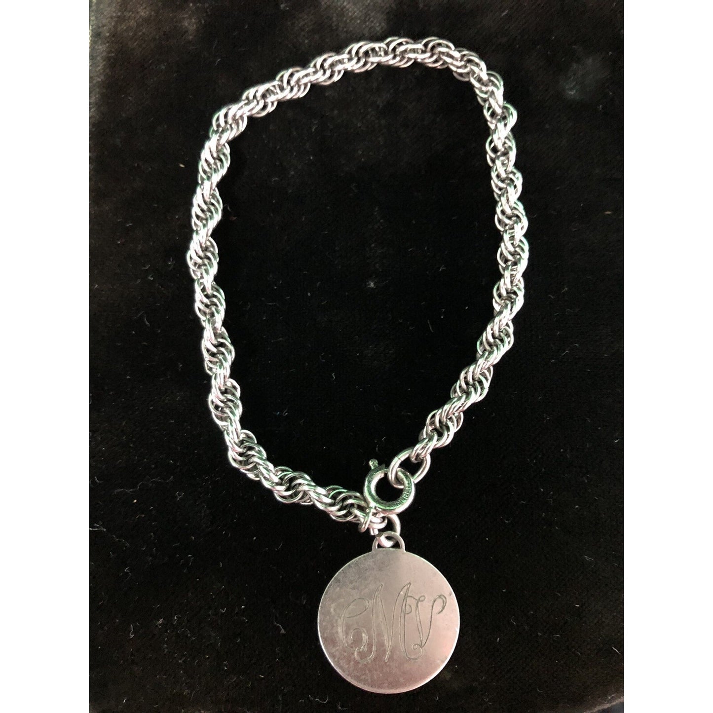 Vintage Sterling Rope Chain Bracelet 7 Inch With Monogrammed Stainless Disc CMV