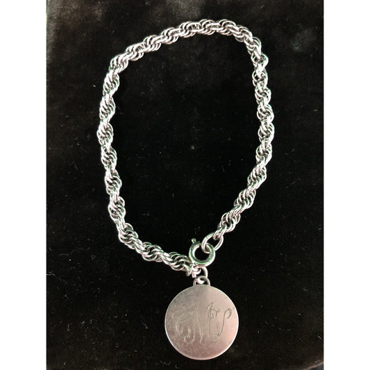 Vintage Sterling Rope Chain Bracelet 7 Inch With Monogrammed Stainless Disc CMV