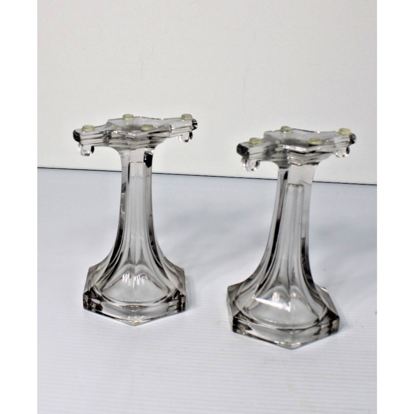 Antique Clear Glass Shelf Risers, Pedestals, Store Display Columns Pair 7-1/4"H