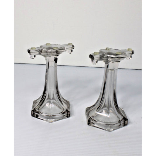 Antique Clear Glass Shelf Risers, Pedestals, Store Display Columns Pair 7-1/4"H