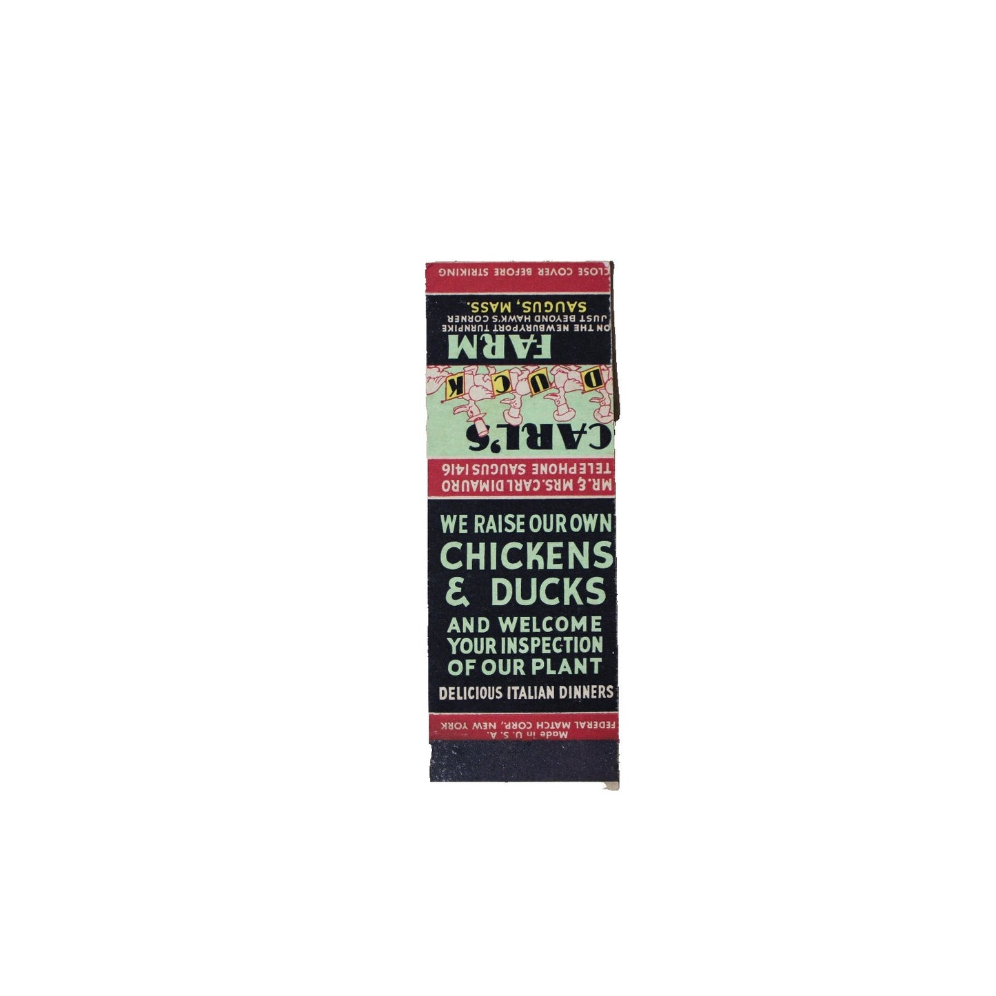 Vintage Mid Century Advertising Matchbook Carl's Duck Farm Saugus, Massachusetts
