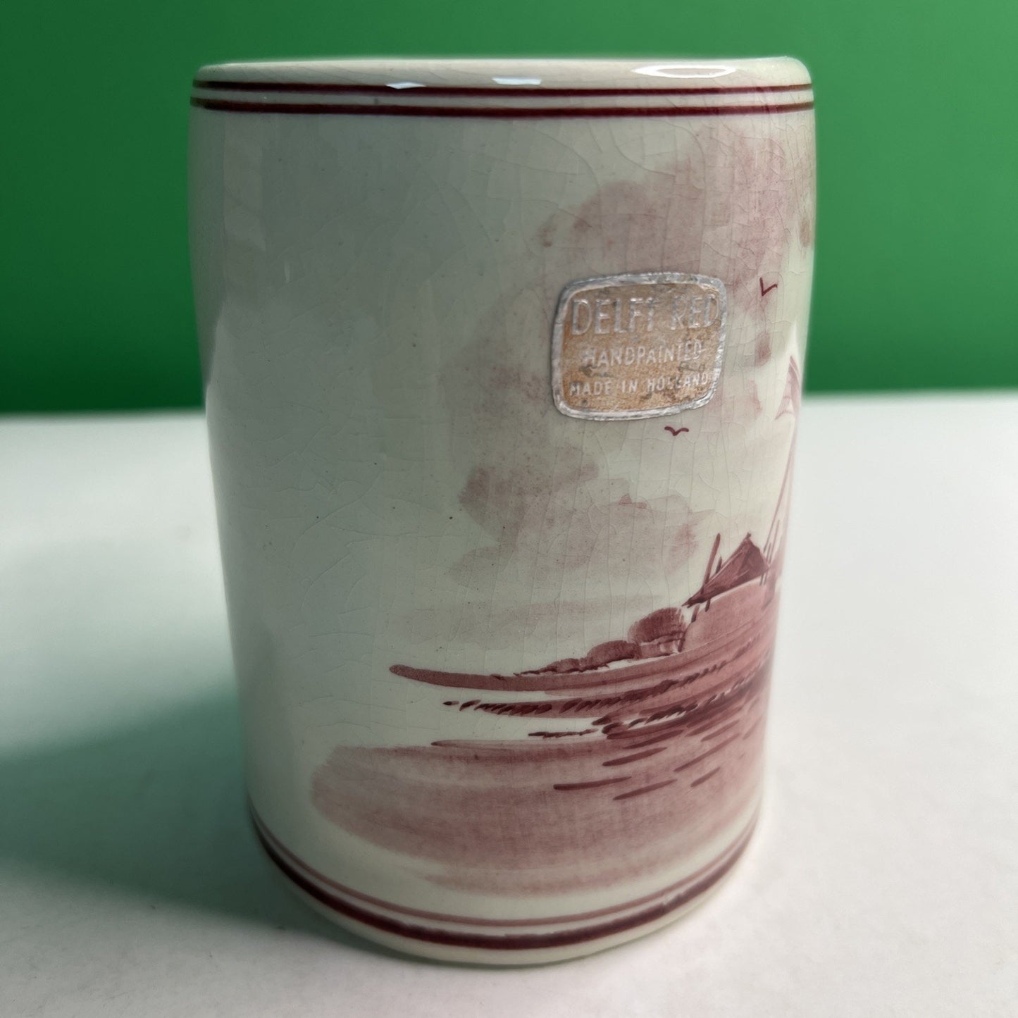 Vintage Hand Painted Delft Red Holland Dutch Windmill Stein Mug Original Sticker