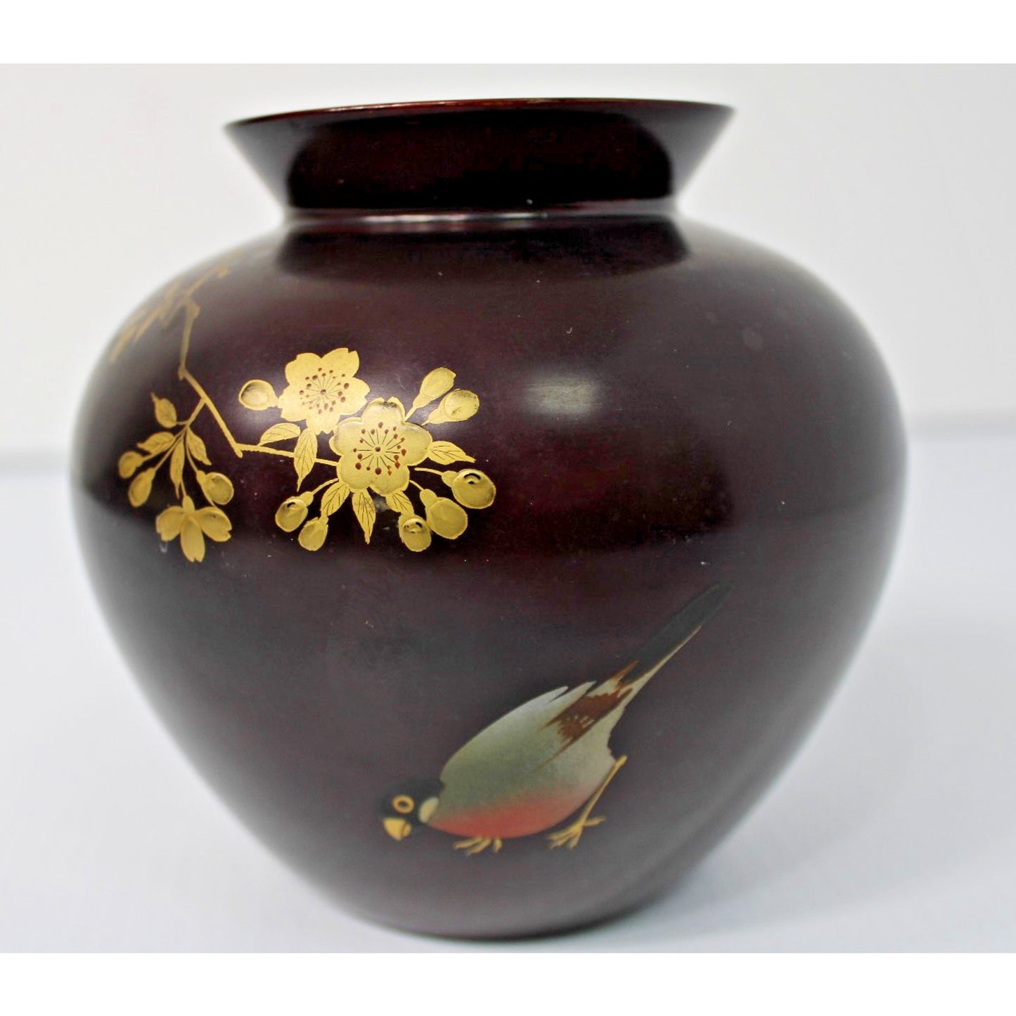Vintage Japanese Bronzed Pottery Vase, Gilt Robin/ Bird Cherry Blossom Branch