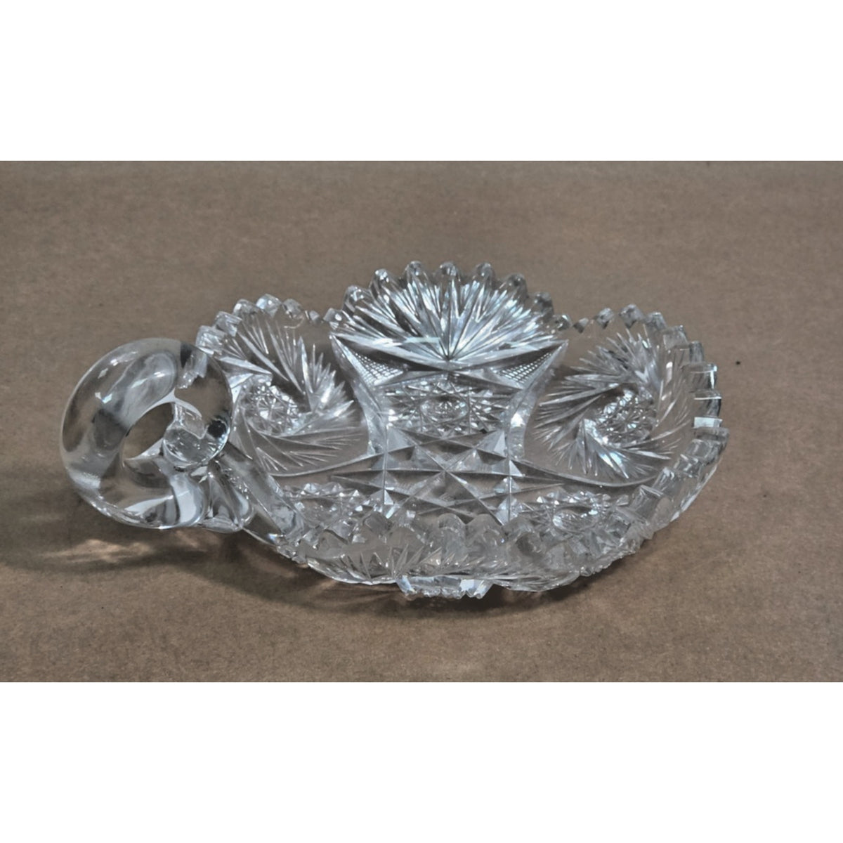 Vintage Cut Crystal Pinwheel Handled Nappy Dish Candy Bowl 6"