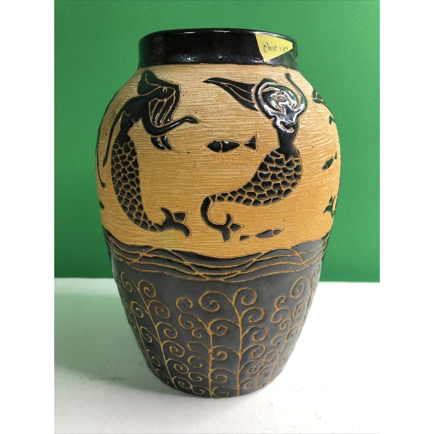 Beautiful MERMAID Vase Sgrafitto Studio Art Pottery Rich Brown Cream Orange